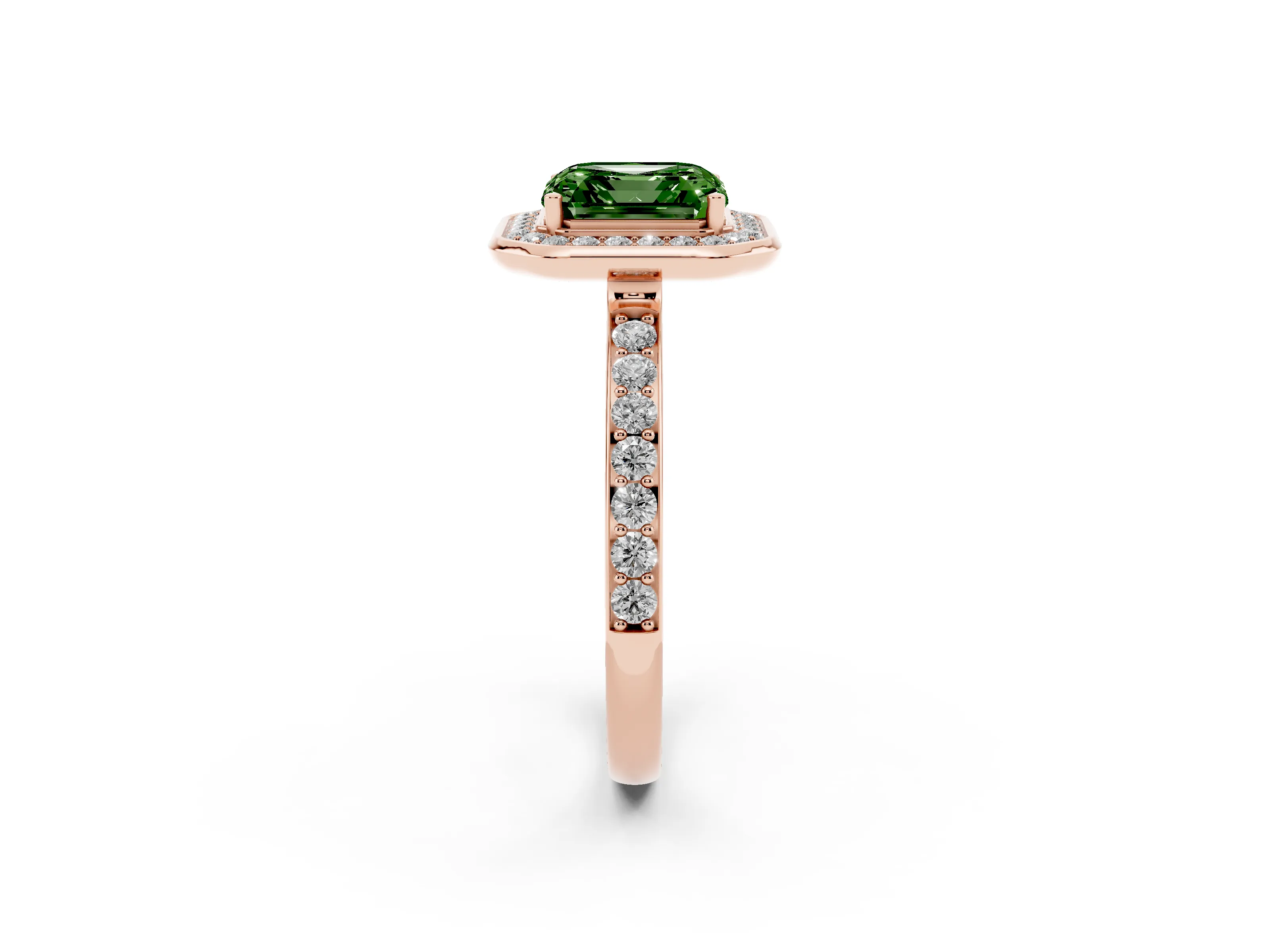 Fancy Green Asscher Cut Diamond Halo Ring Set in Rose gold with Bezel Frame and Pavé Band