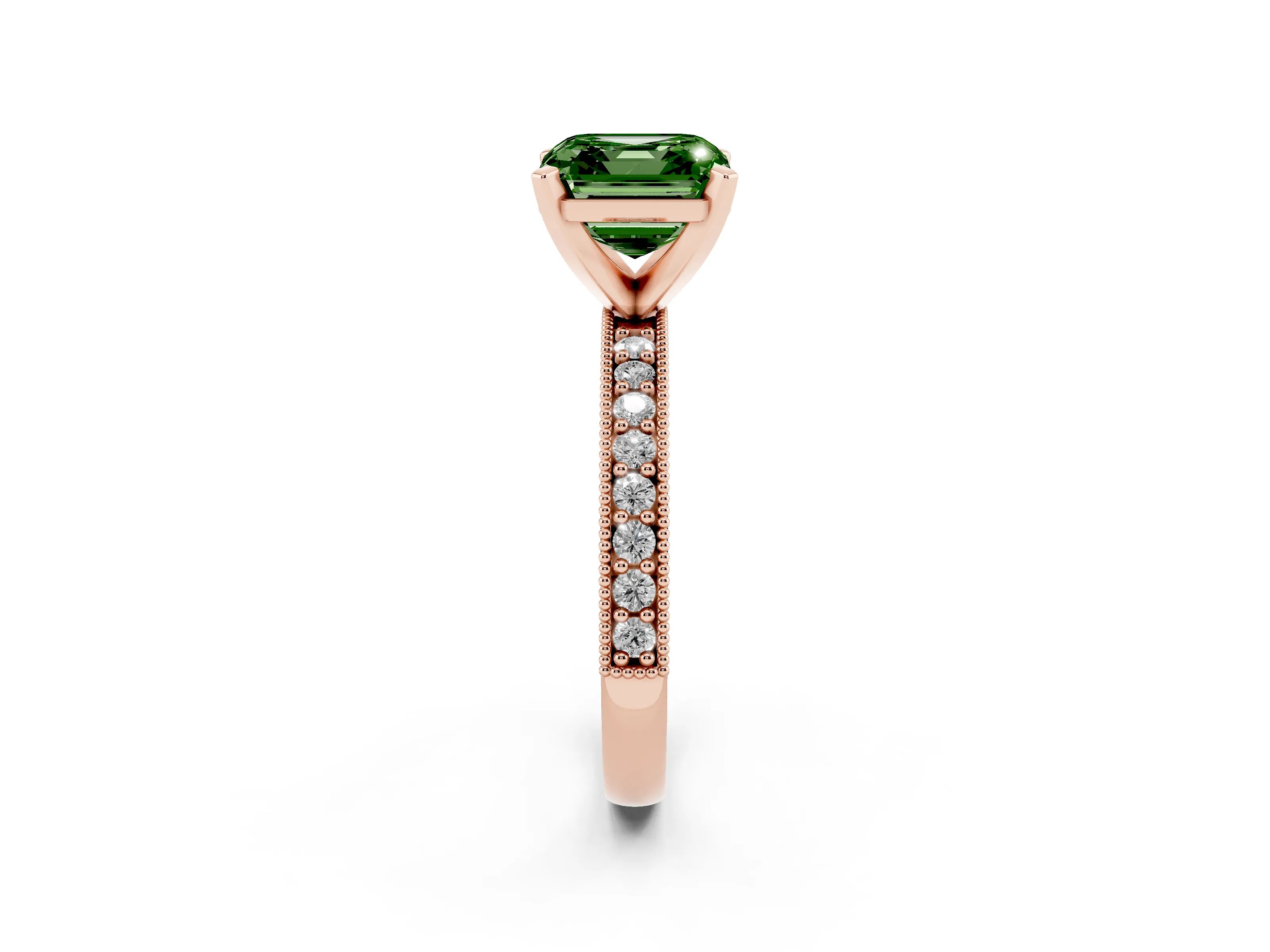 Fancy Green Asscher Cut Diamond Milgrain Pavé Engagement Ring Set in Rose gold with Prong Setting