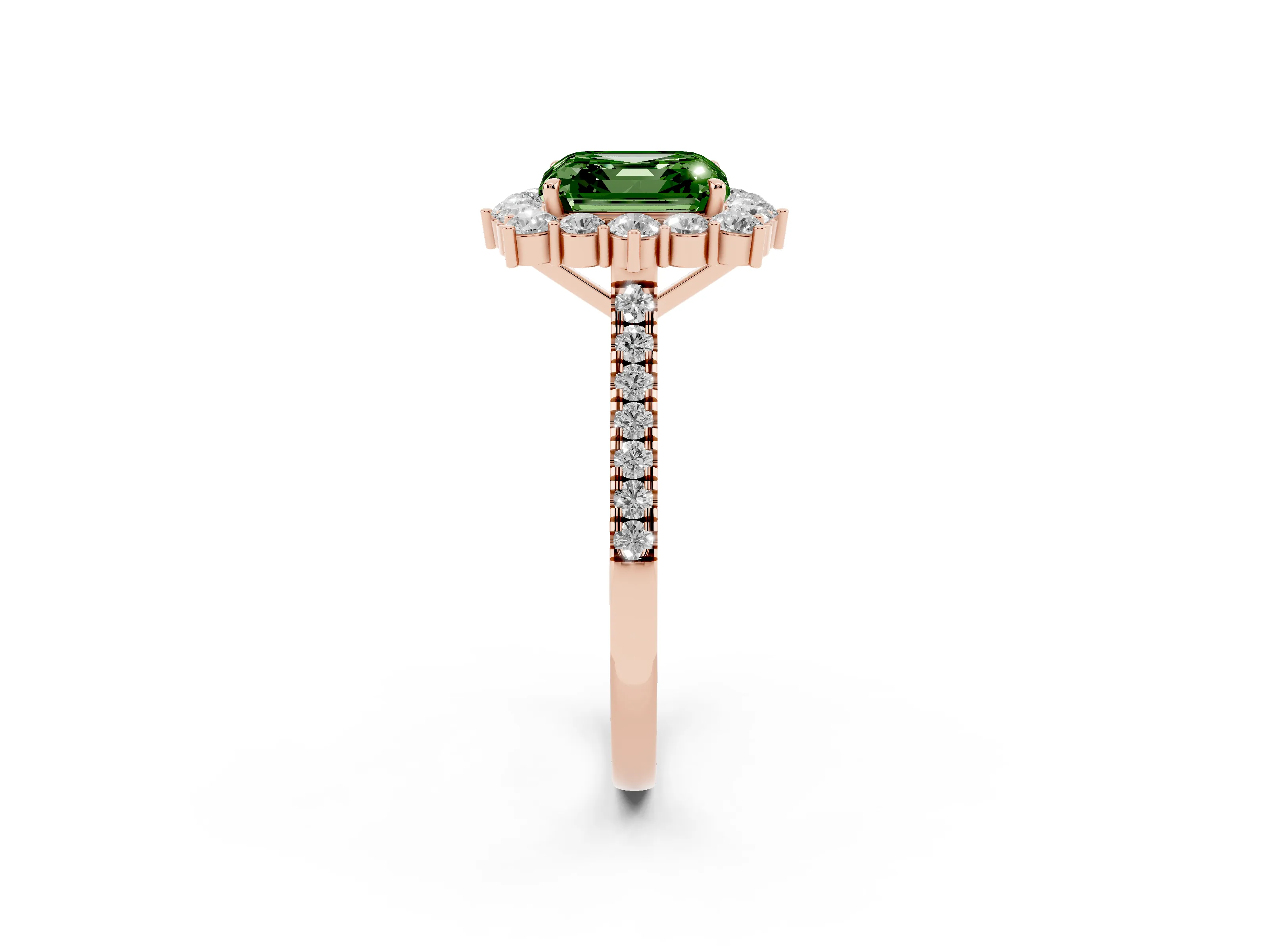 Fancy Green Asscher Cut Diamond Halo Ring Set in Rose gold with Pavé Band and Prong Setting