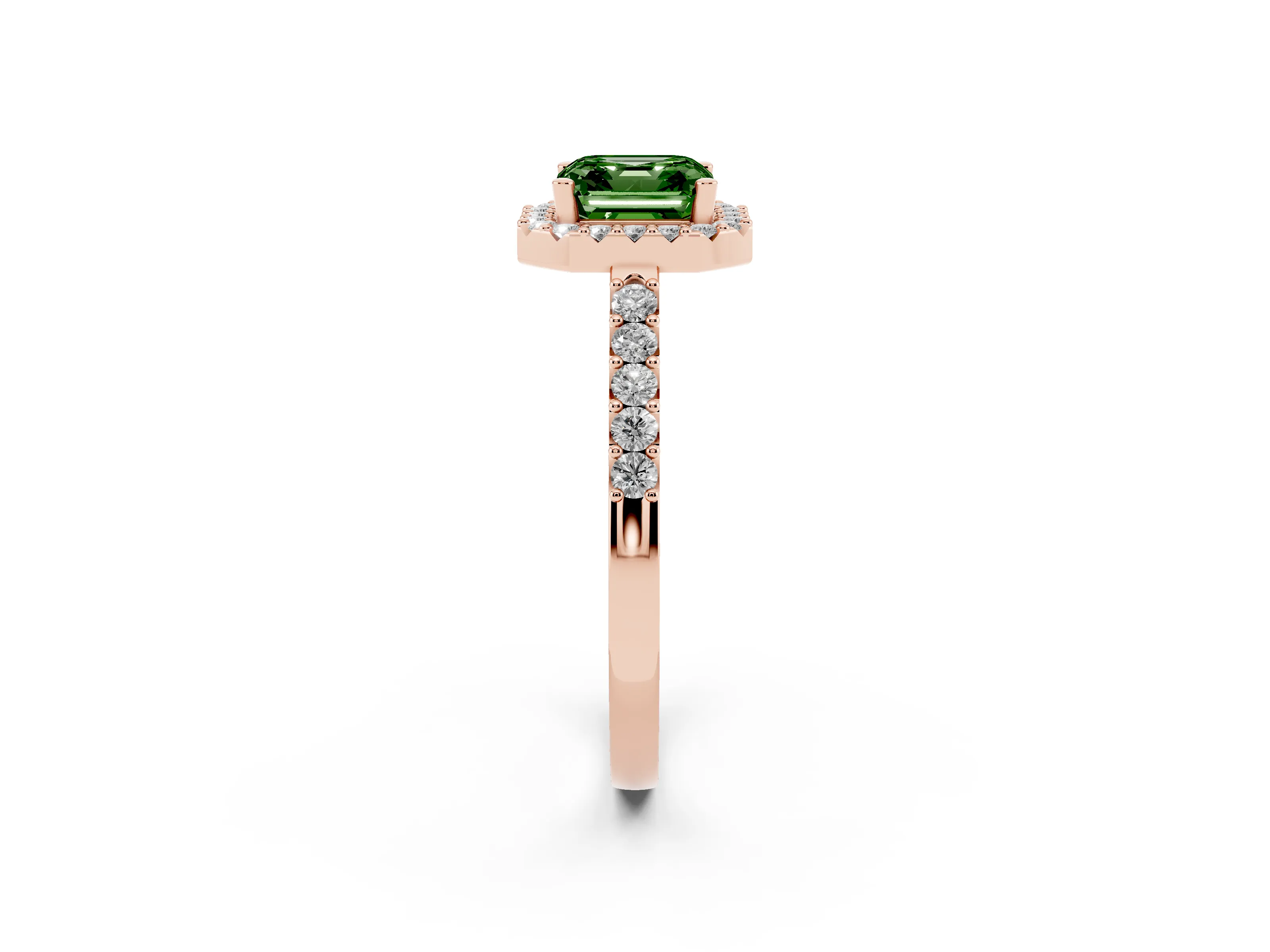 Fancy Green Asscher Cut Diamond Halo Pavé Solitaire Ring Set in Rose gold with Prong-Set Center Stone
