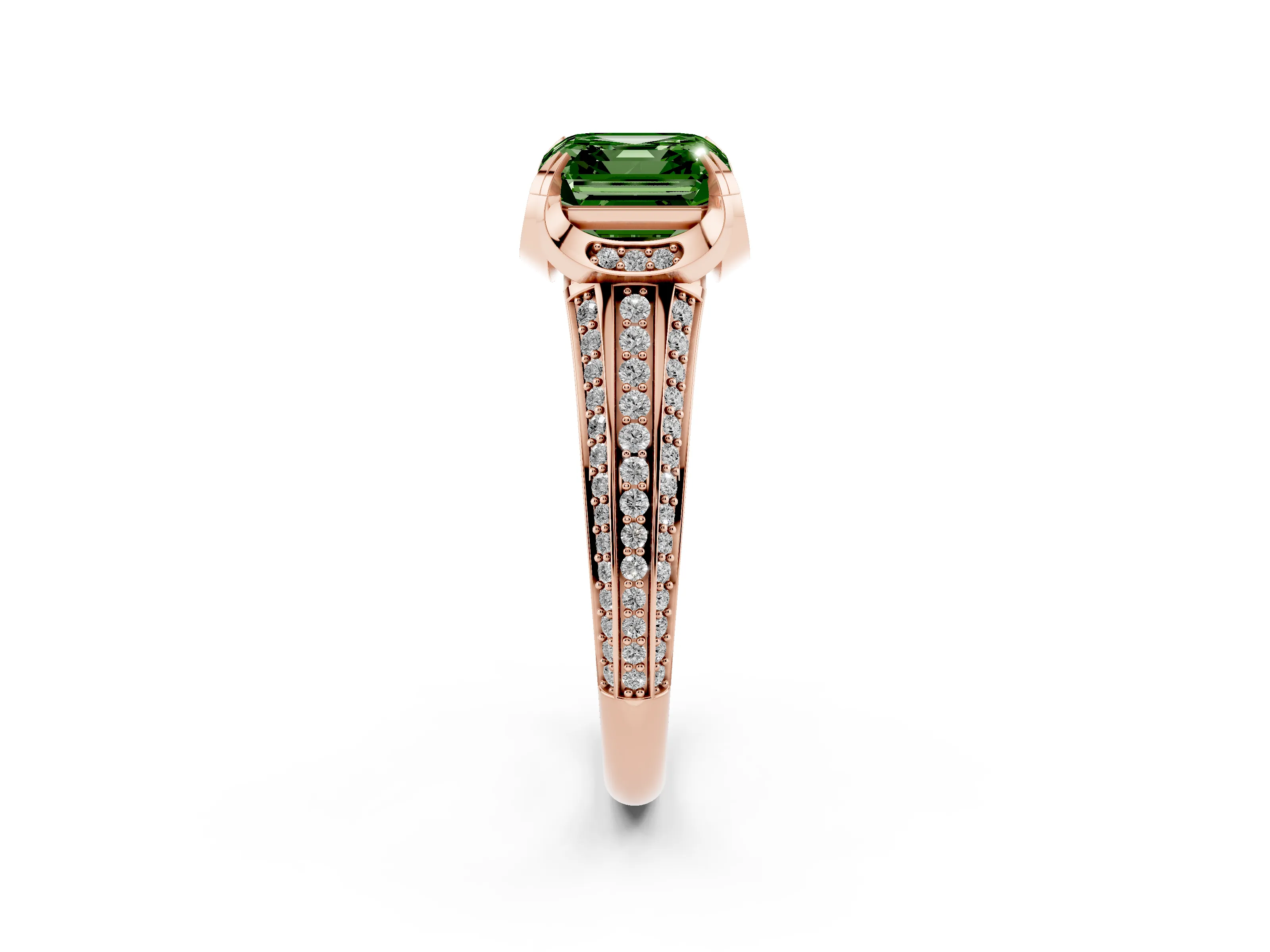 Fancy Green Asscher Cut Diamond Pavé Split Shank Solitaire Ring Set in Rose gold with Prong Setting