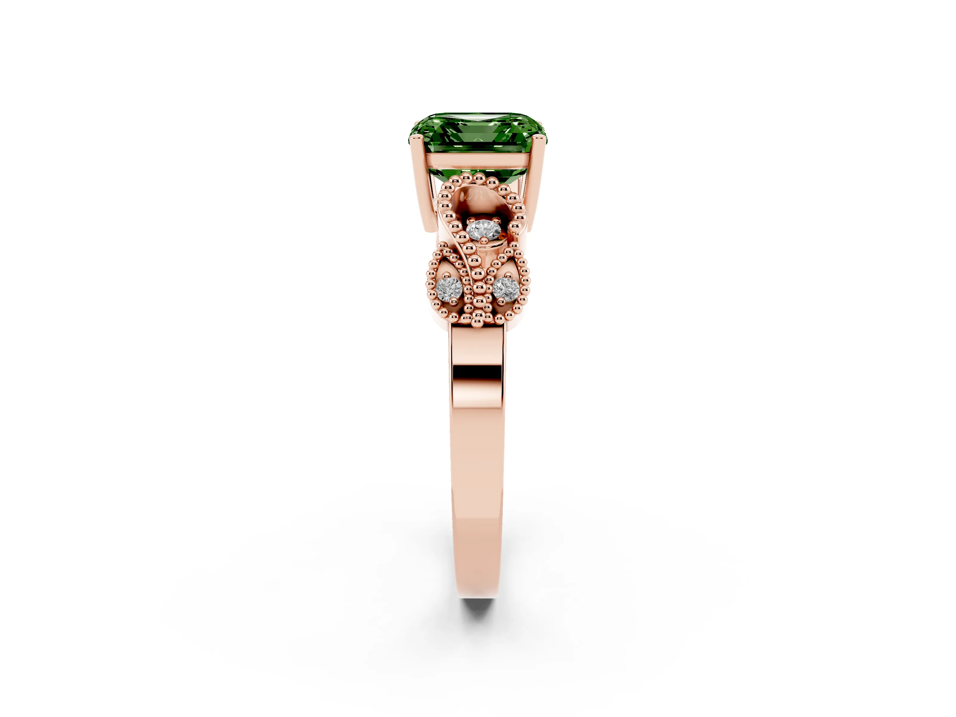 Fancy Green Asscher Cut Diamond Milgrain Leaf Band Solitaire Ring Set in Rose gold with Accent Stones and Prong Setting