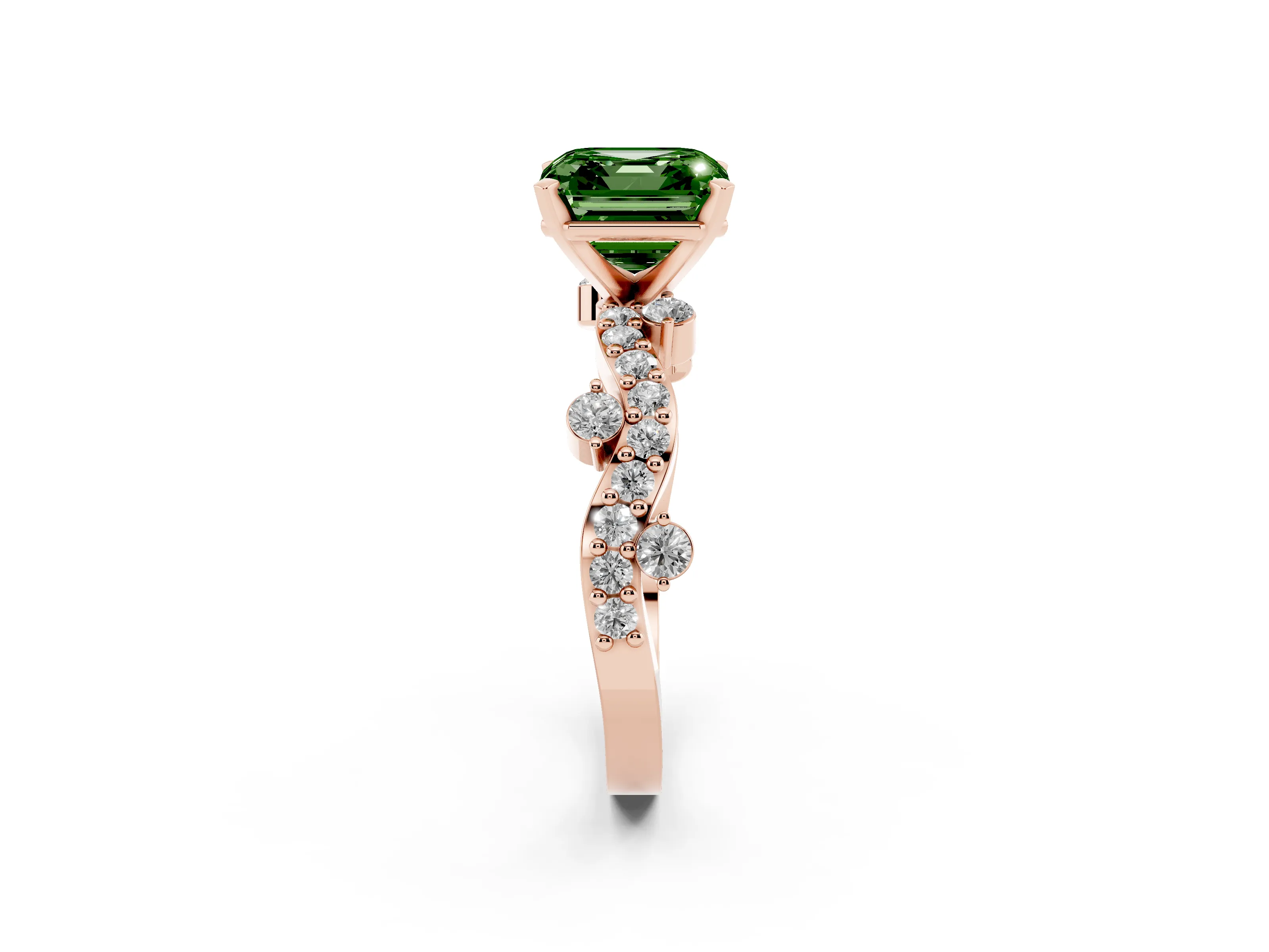 Fancy Green Asscher Cut Diamond Solitaire Twisted Band Set in Rose gold with Pavé Setting