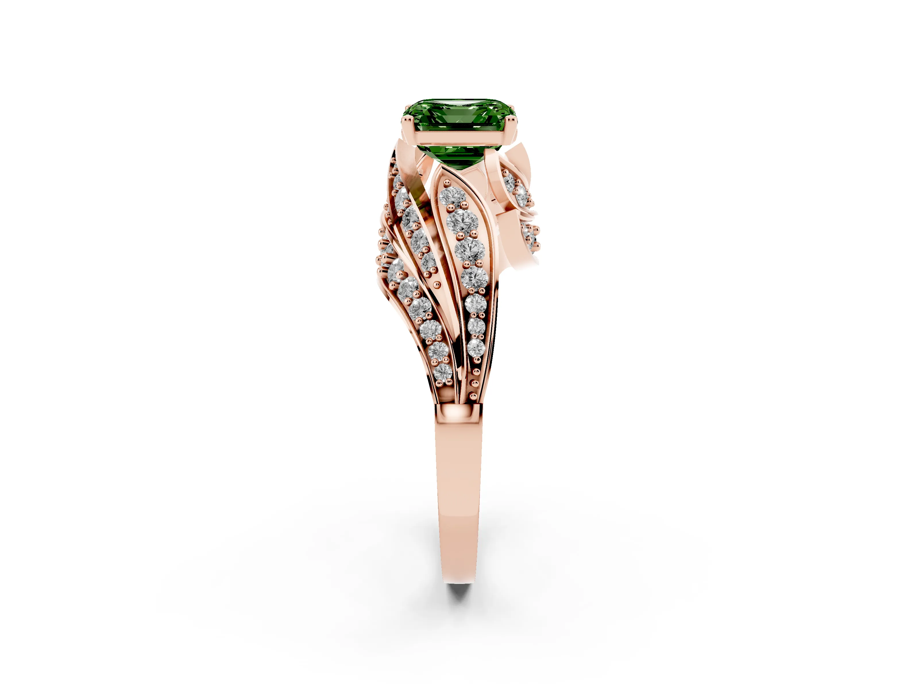 Fancy Green Asscher Cut Diamond Solitaire Ring Set in Rose gold with Layered Twist Pavé Band