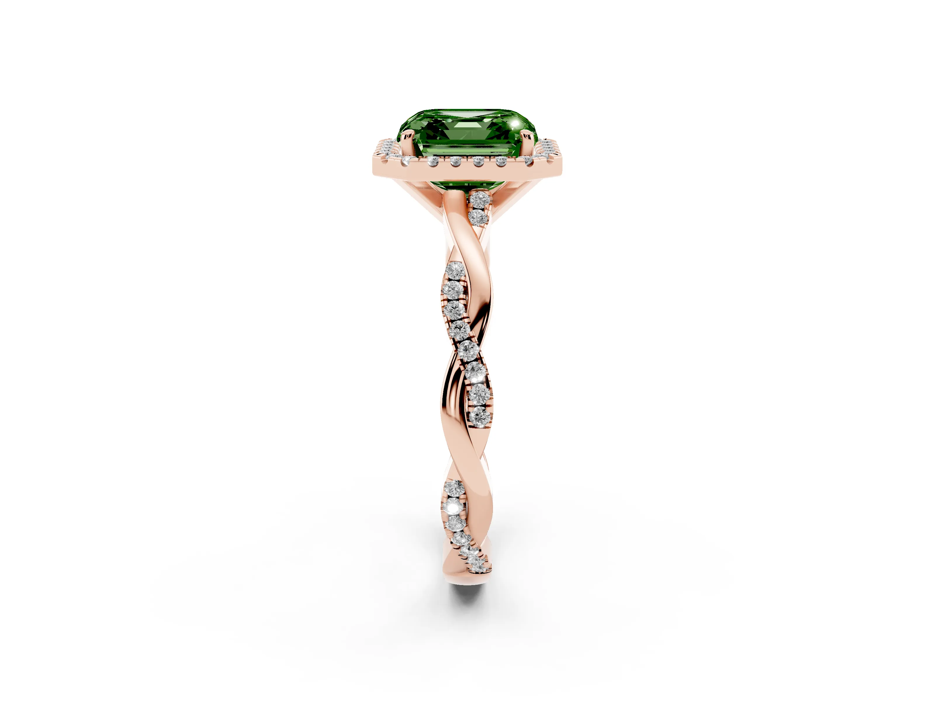 Fancy Green Asscher Cut Diamond Halo Twisted Band Ring Set in Rose gold with Prong Setting