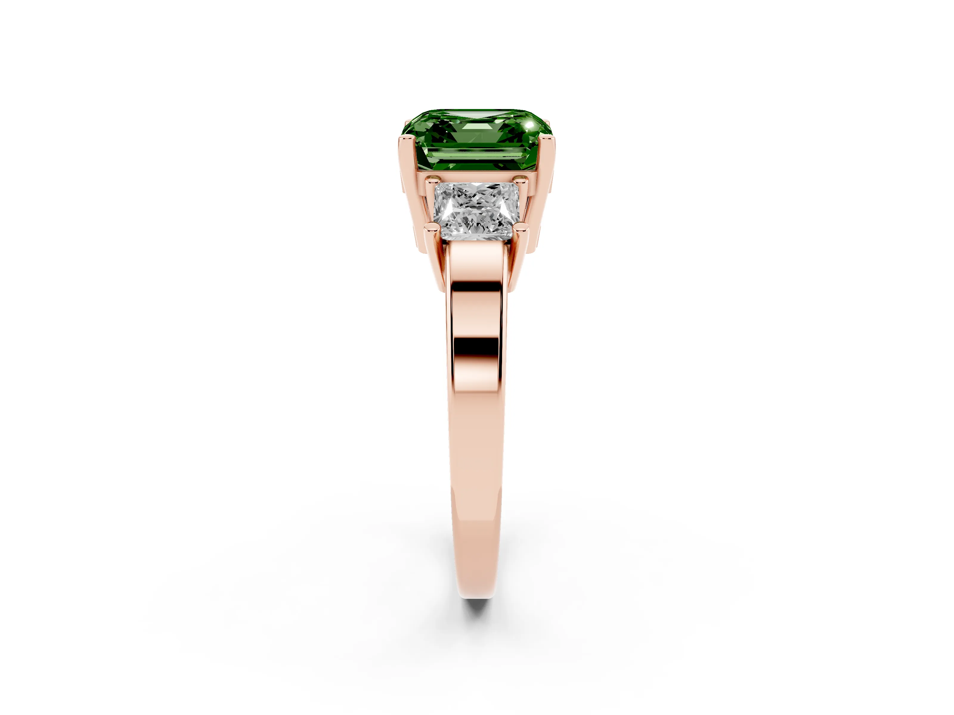 Fancy Green Three-Stone Asscher Cut Diamond Solitaire Ring Set in Rose gold with Prong Setting