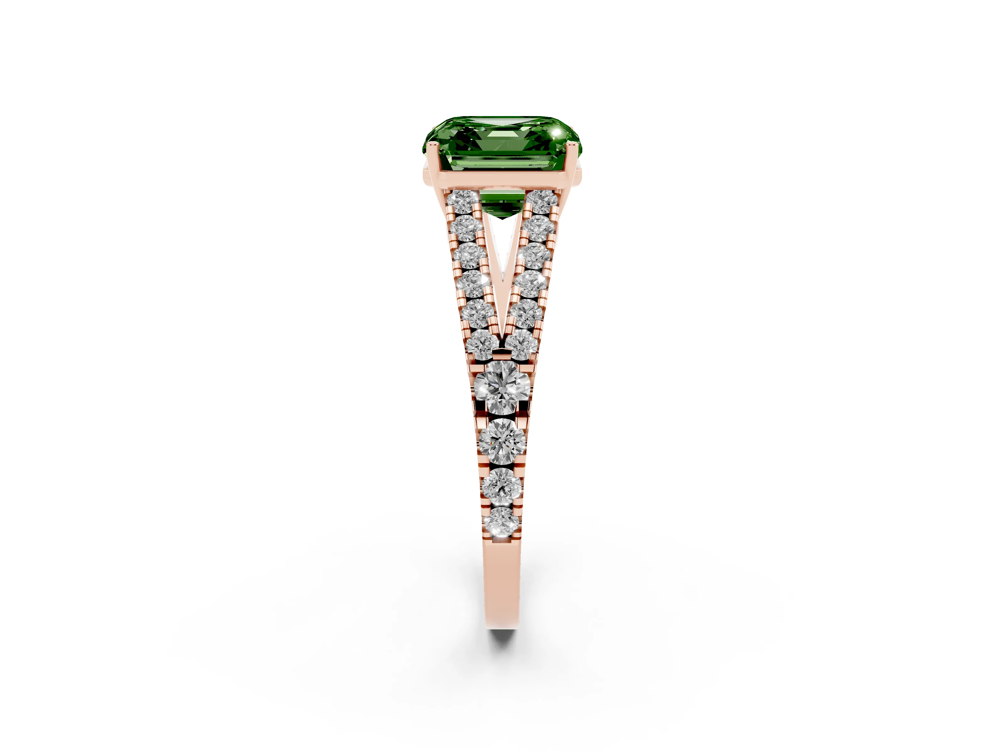 Fancy Green Asscher Cut Diamond Split Shank Pavé Engagement Ring Set in Rose gold with Prong-Held Center Stone
