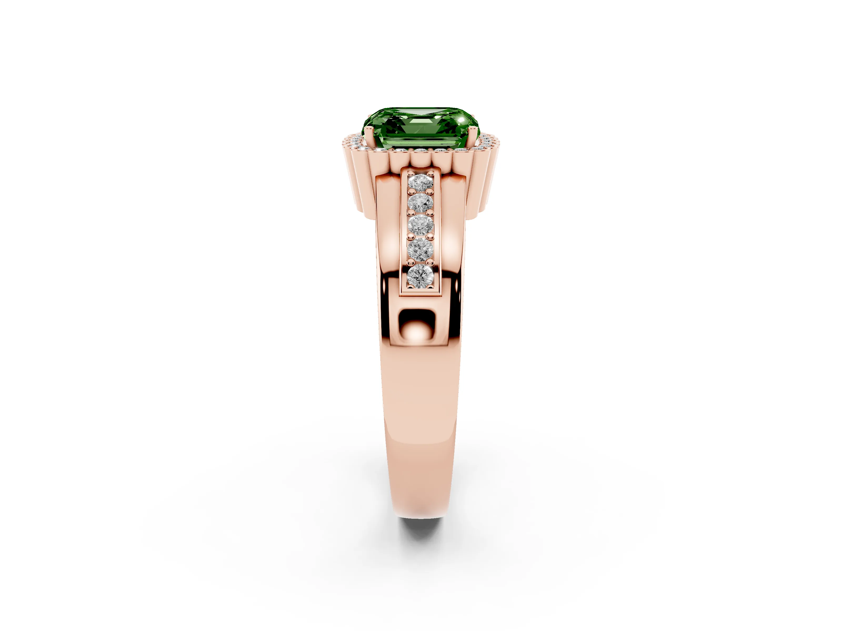 Fancy Green Asscher Cut Diamond Halo Prong Ring Set in Rose gold with Pavé Band