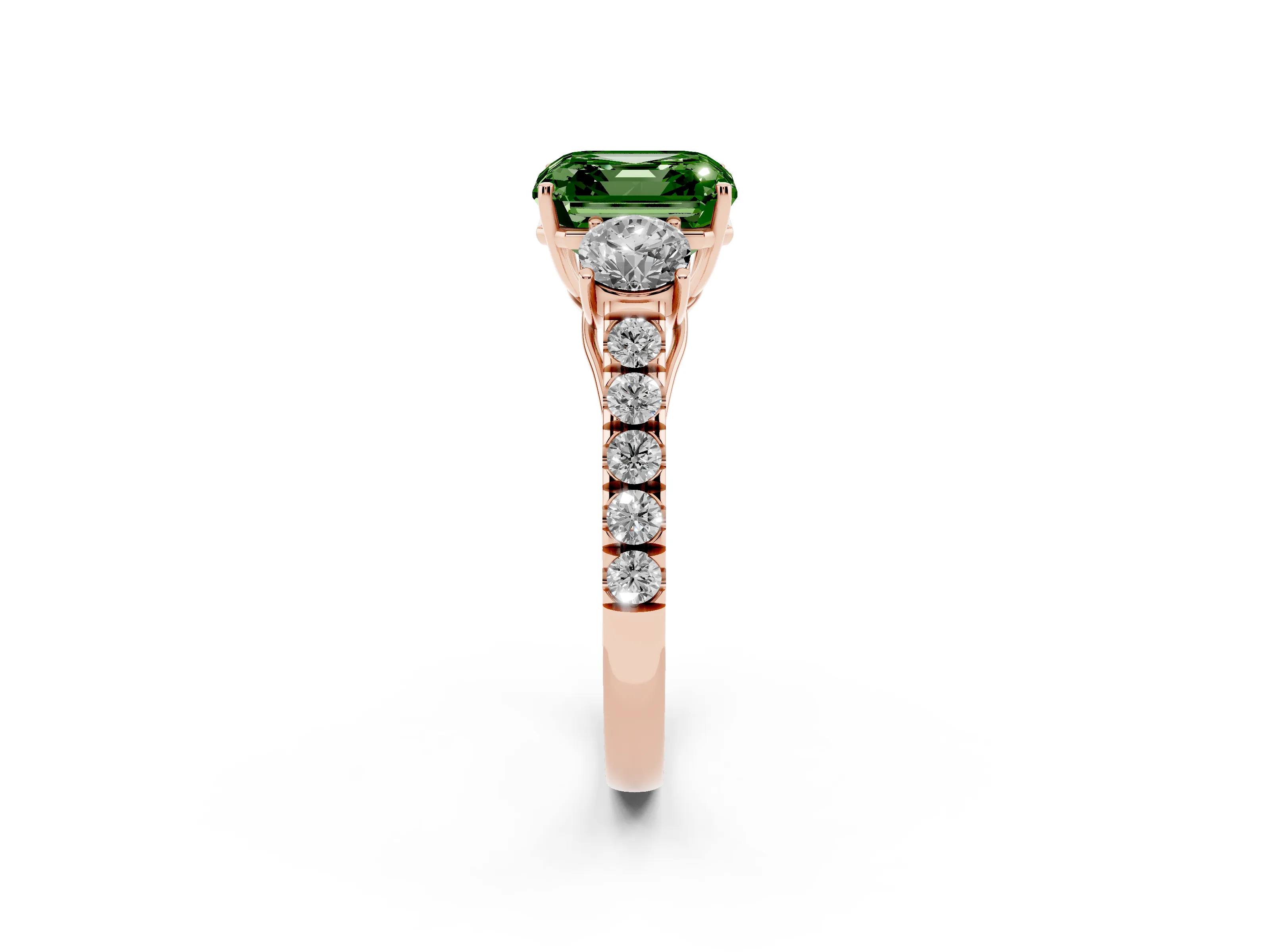 Fancy Green Asscher Cut Diamond Three-Stone Ring Set in Rose gold with Round Side Stones and Delicate Pavé Band
