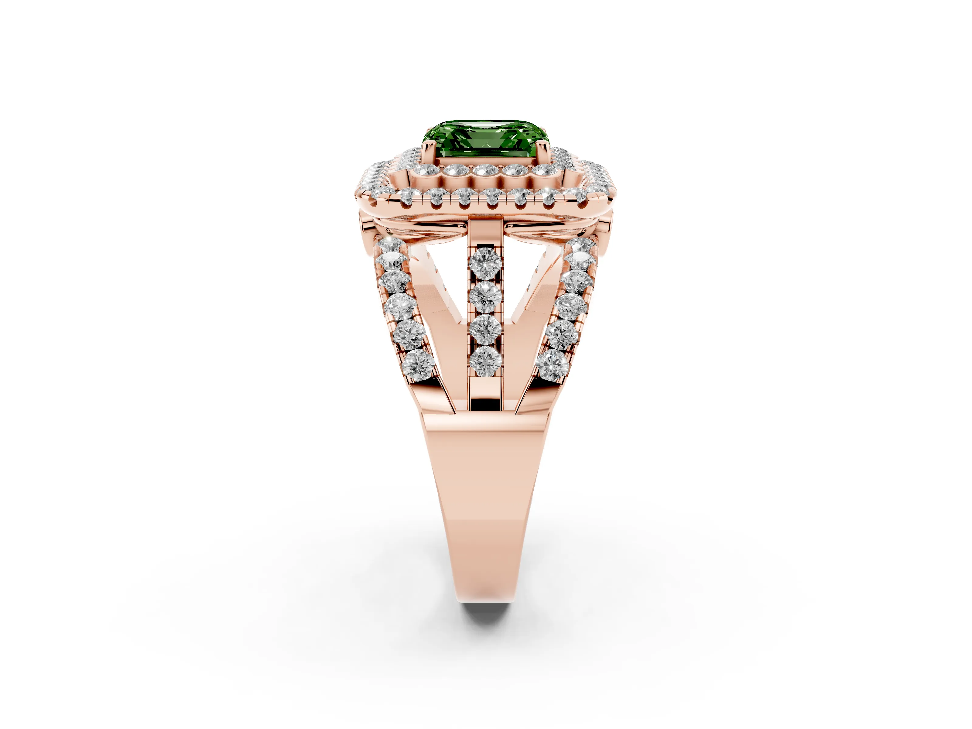 Fancy Green Asscher Cut Diamond Double Halo Ring Set in Rose gold with Round Pavé Split Shank