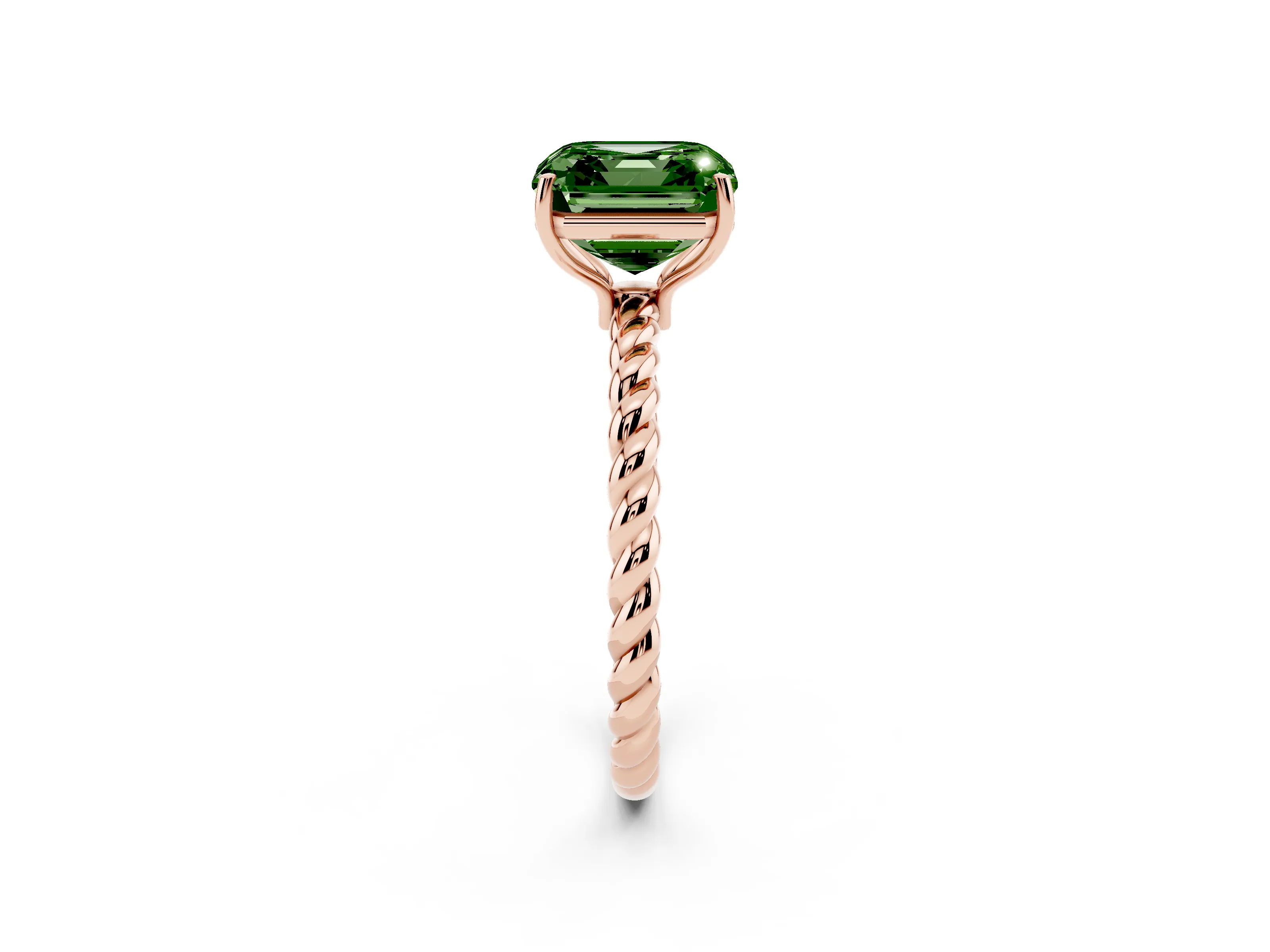 Fancy Green Asscher Cut Diamond Solitaire Ring Set in Rose gold with Twist Band and Prong Setting