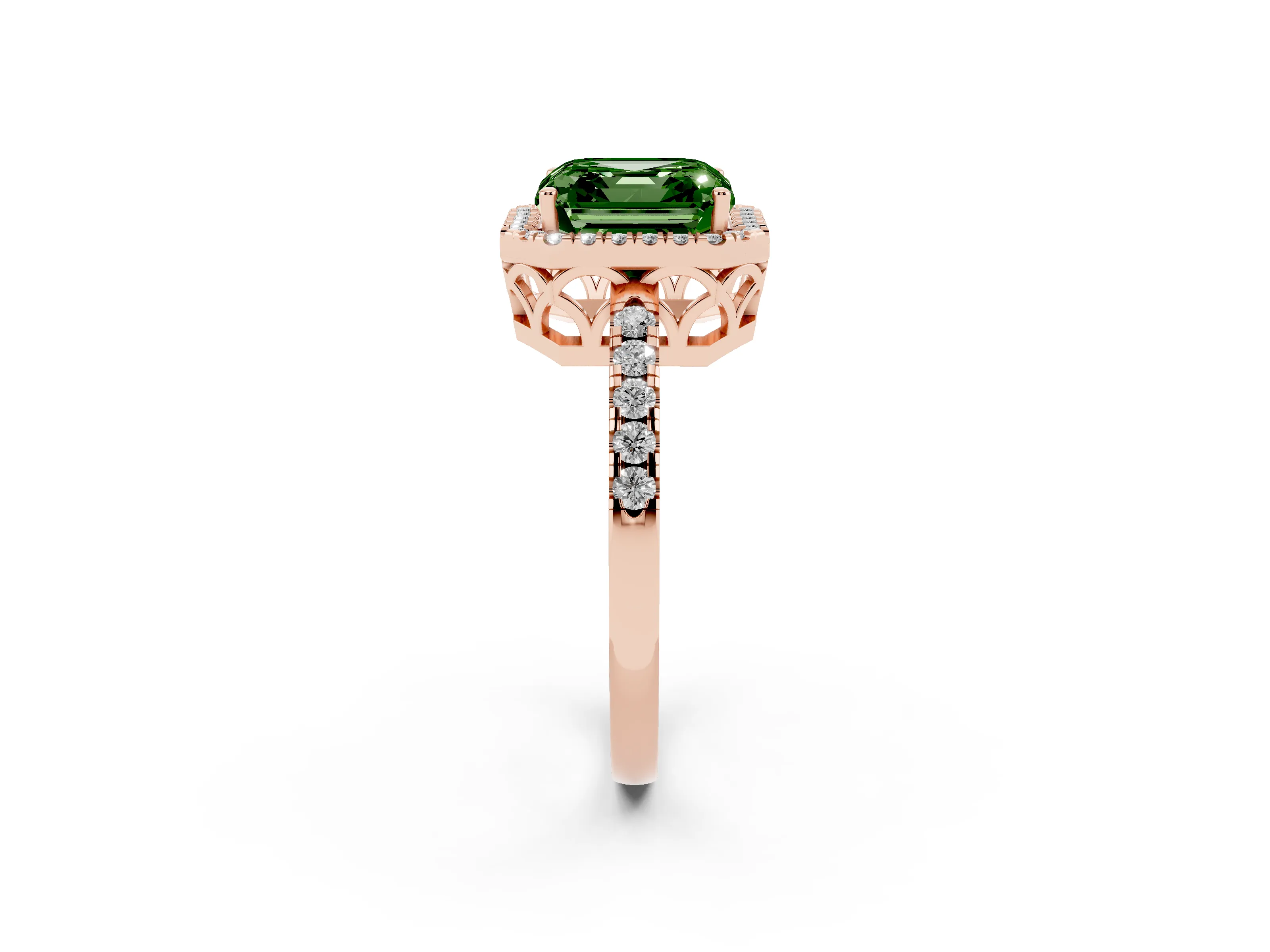 Fancy Green Asscher Cut Diamond Pavé Band Halo Engagement Ring Set in Rose gold with Prong Setting