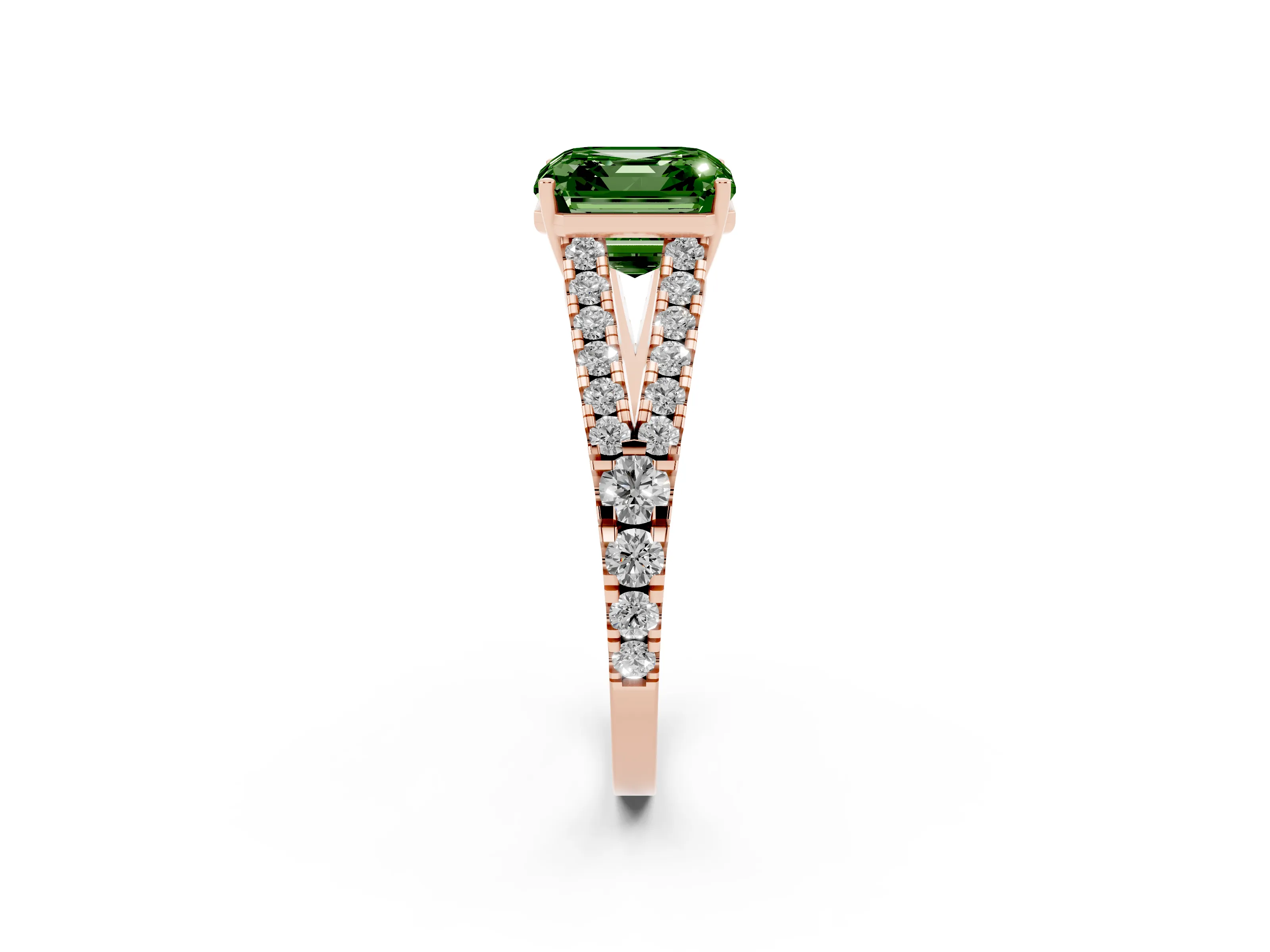 Fancy Green Asscher Cut Diamond Split Shank Engagement Ring Set in Rose gold with Round Pavé and Prong Setting