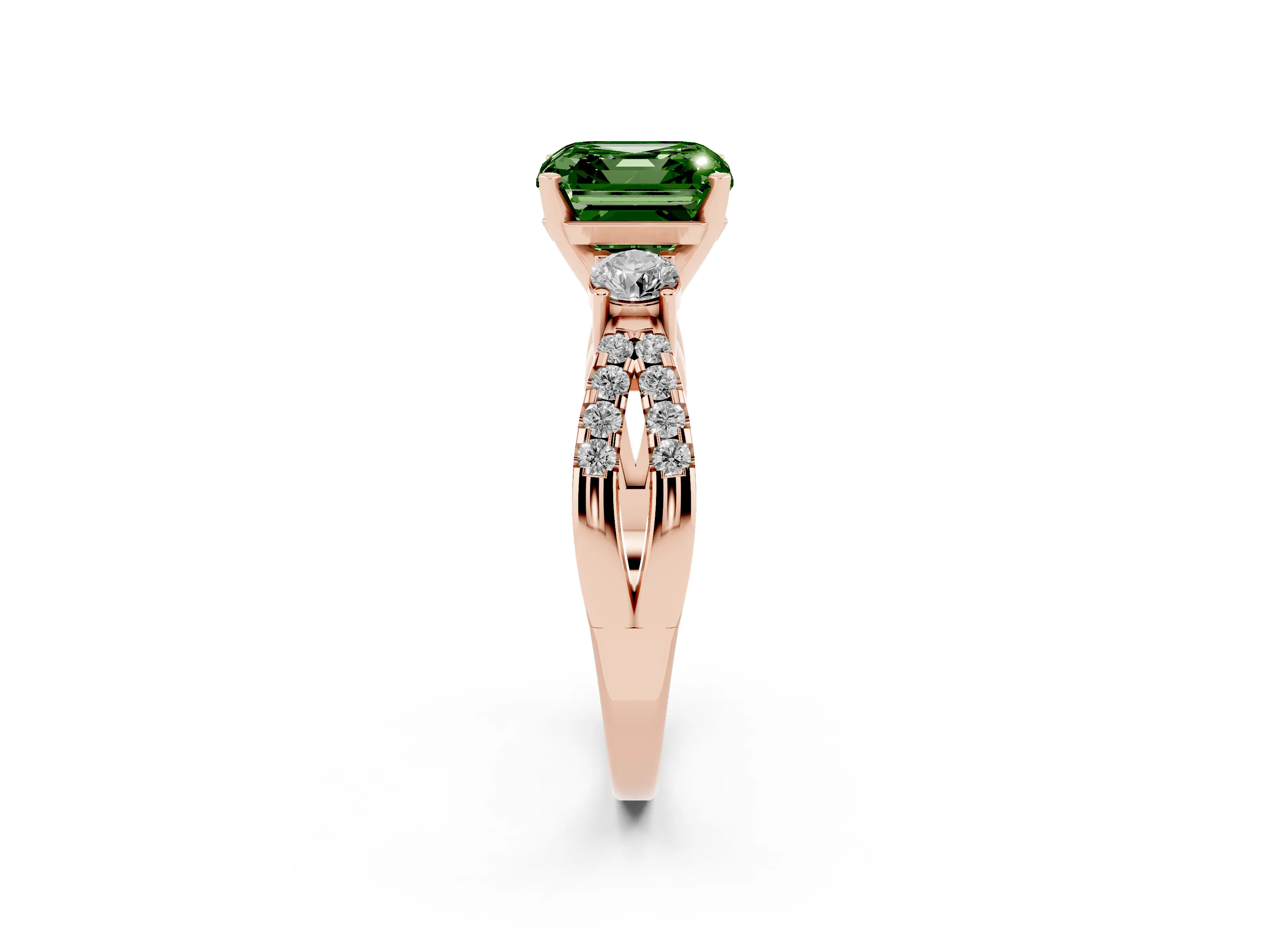 Fancy Green Asscher Cut Diamond Three-Stone Ring Set in Rose gold with Pavé Split Shank and Prong Setting