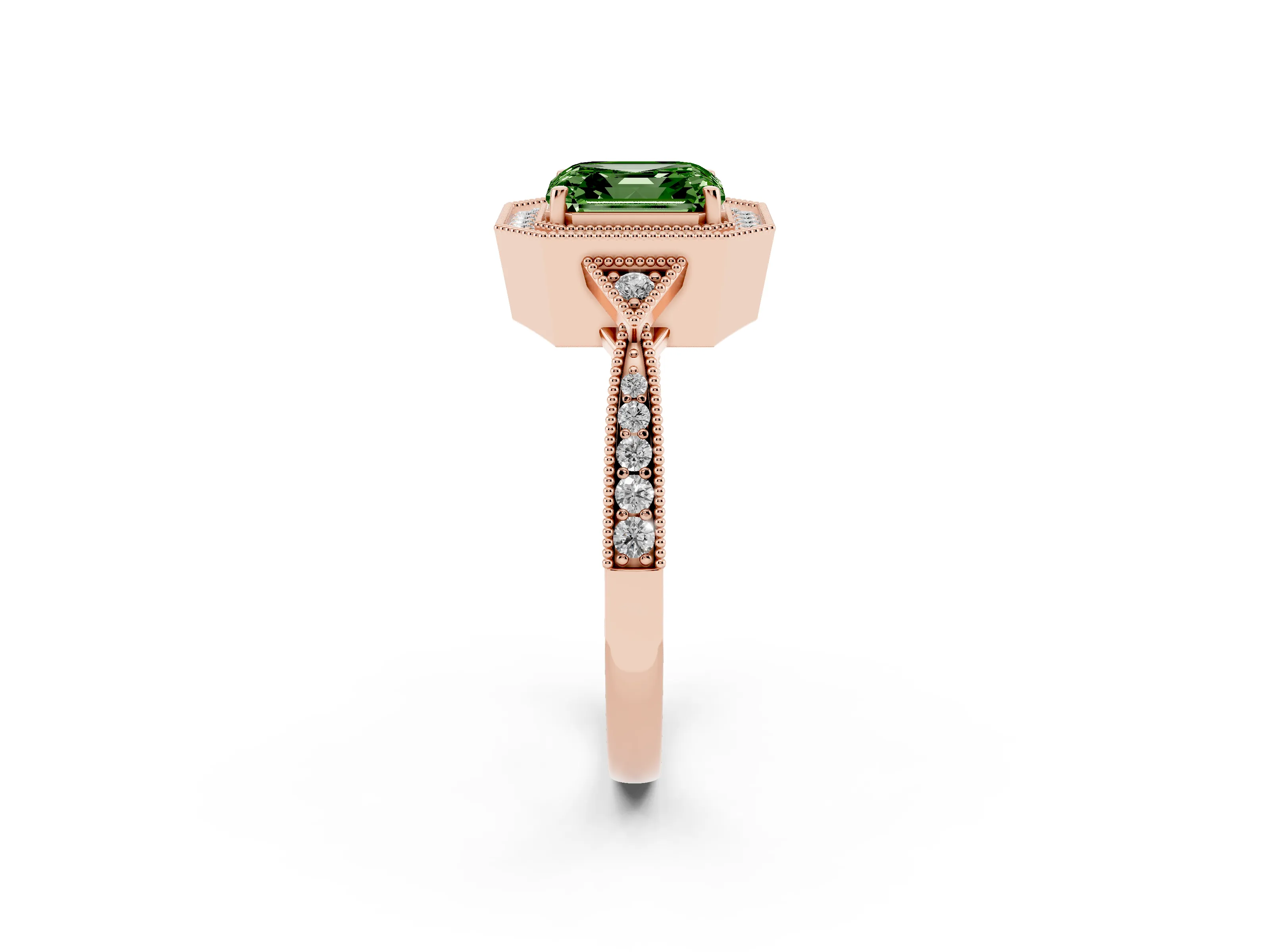 Fancy Green Asscher Cut Diamond Halo Engagement Ring Set in Rose gold with Milgrain Pavé Band
