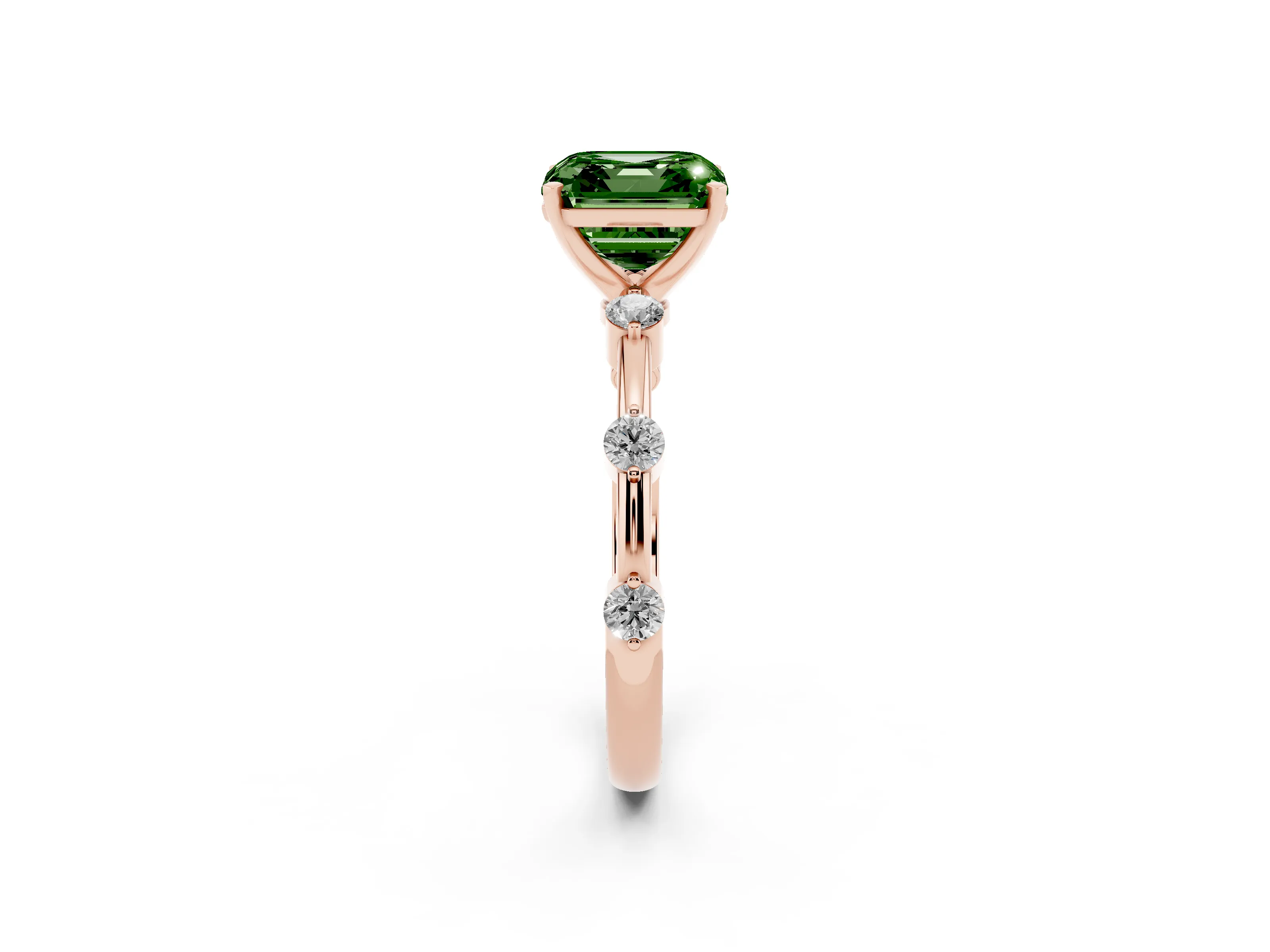 Fancy Green Asscher Cut Diamond Solitaire Ring Set in Rose gold with Bezel Set Side Stones and Prong Setting