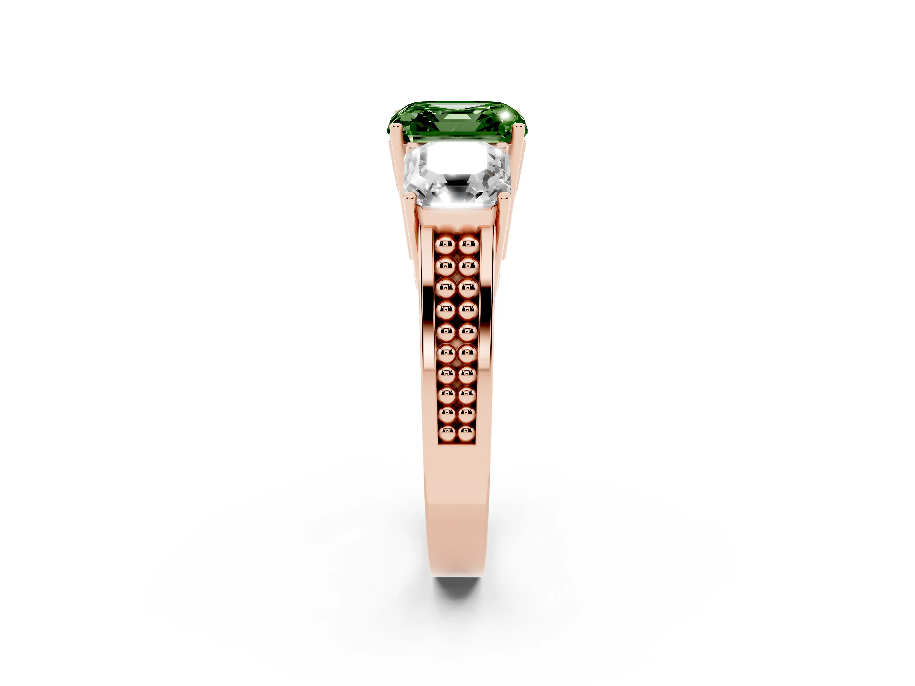 Fancy Green Asscher Cut Diamond Three-Stone Ring Set in Rose gold with Textured Band