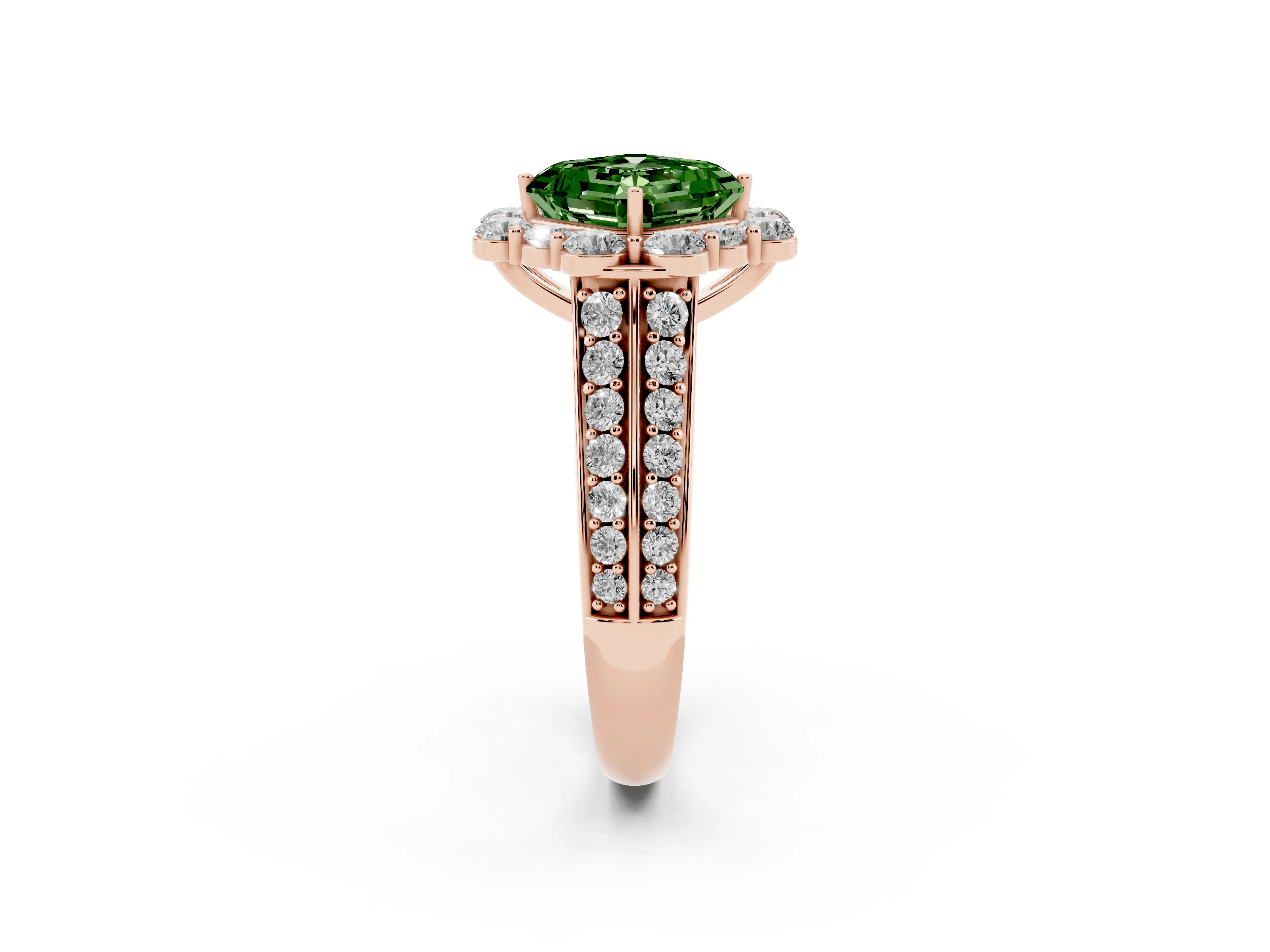 Fancy Green Asscher Cut Diamond Halo Engagement Ring Set in Rose gold with Split Shank and Prong Setting