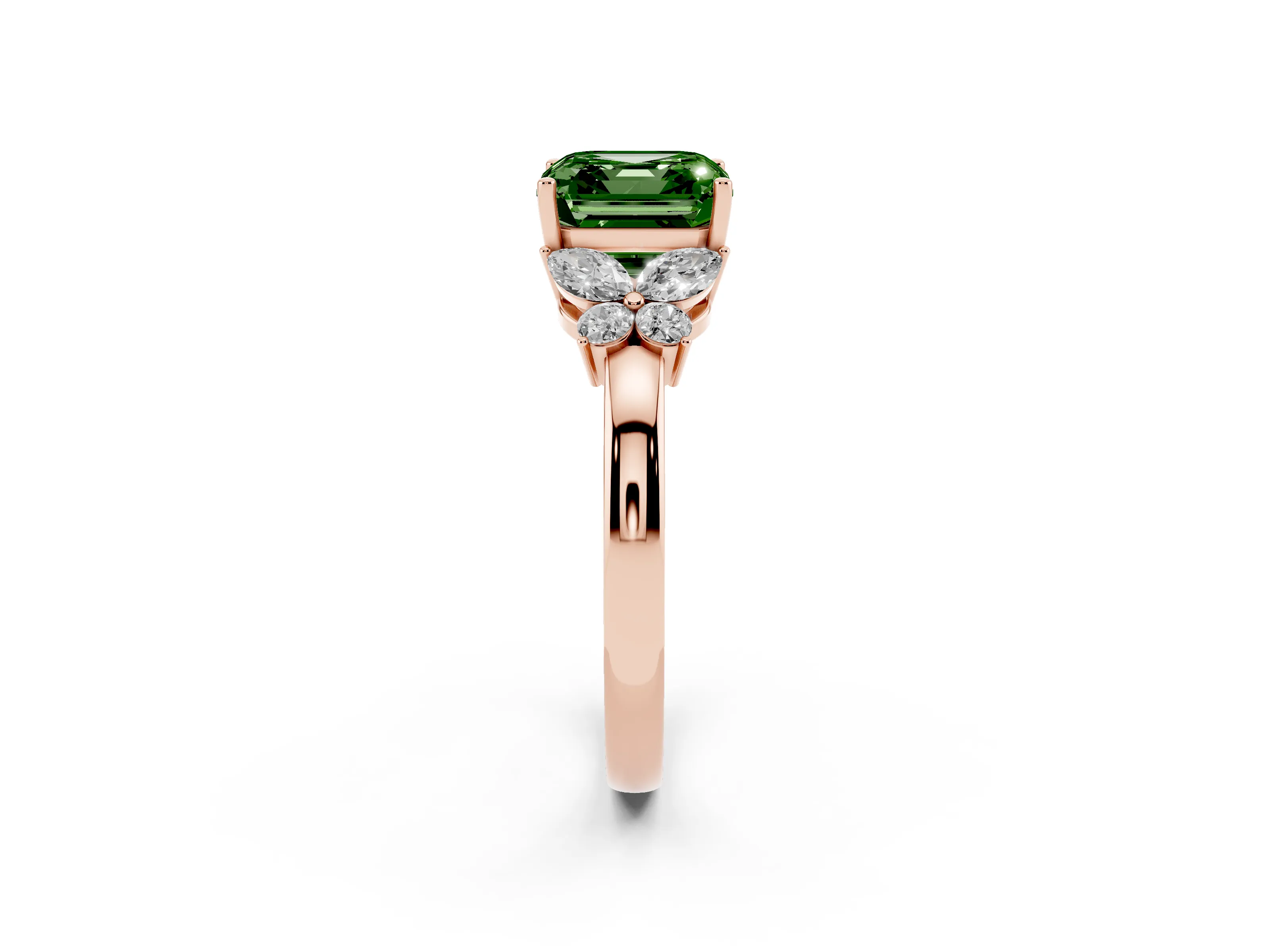 Fancy Green Asscher Cut Diamond Solitaire Floral Ring Set in Rose gold with Marquise Petals and Prong Setting