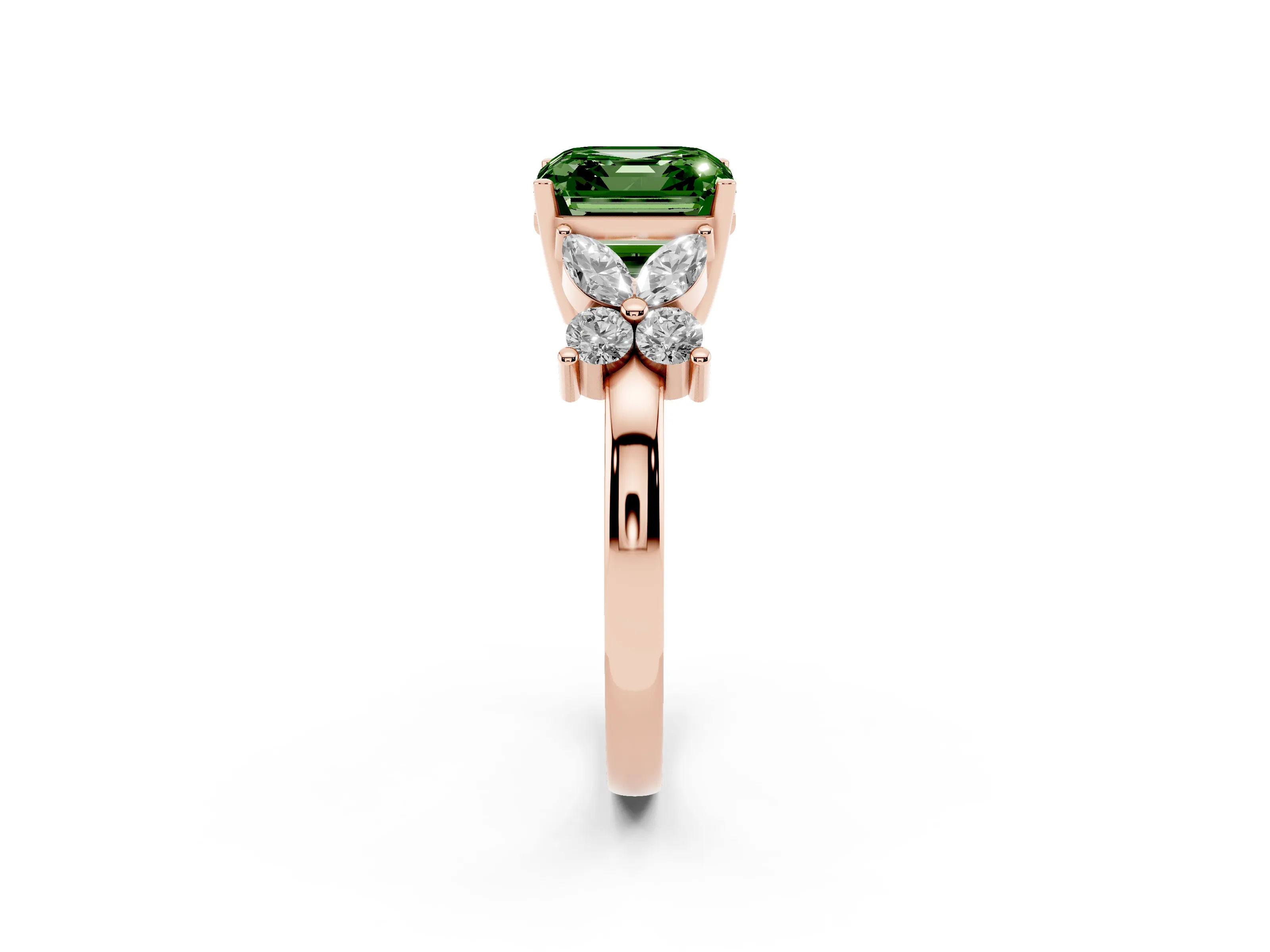 Fancy Green Asscher Cut Diamond Floral Cluster Ring Set in Rose gold with Marquise Petals and Prong Setting