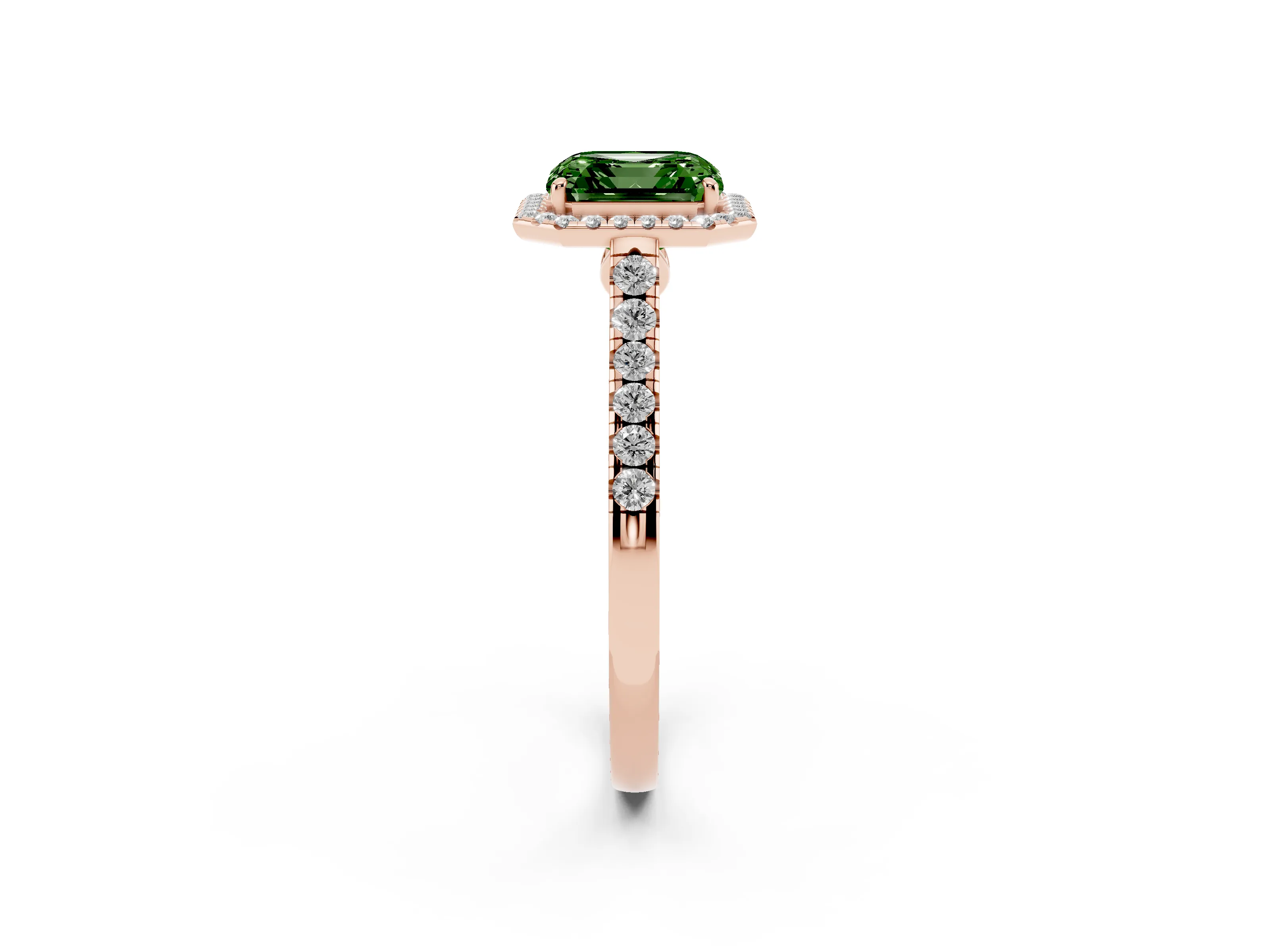 Fancy Green Asscher Cut Diamond Halo Pavé Engagement Ring Set in Rose gold with Prong Setting