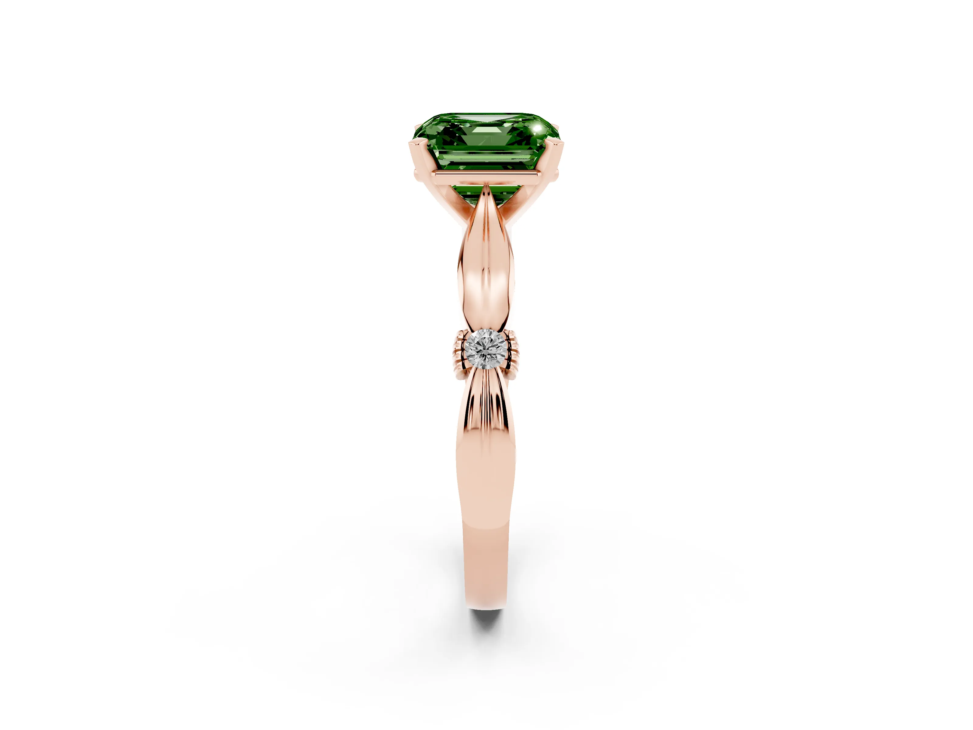 Fancy Green Asscher Cut Diamond Solitaire Twisted Band Ring Set in Rose gold with Accent Stones and Prong Setting