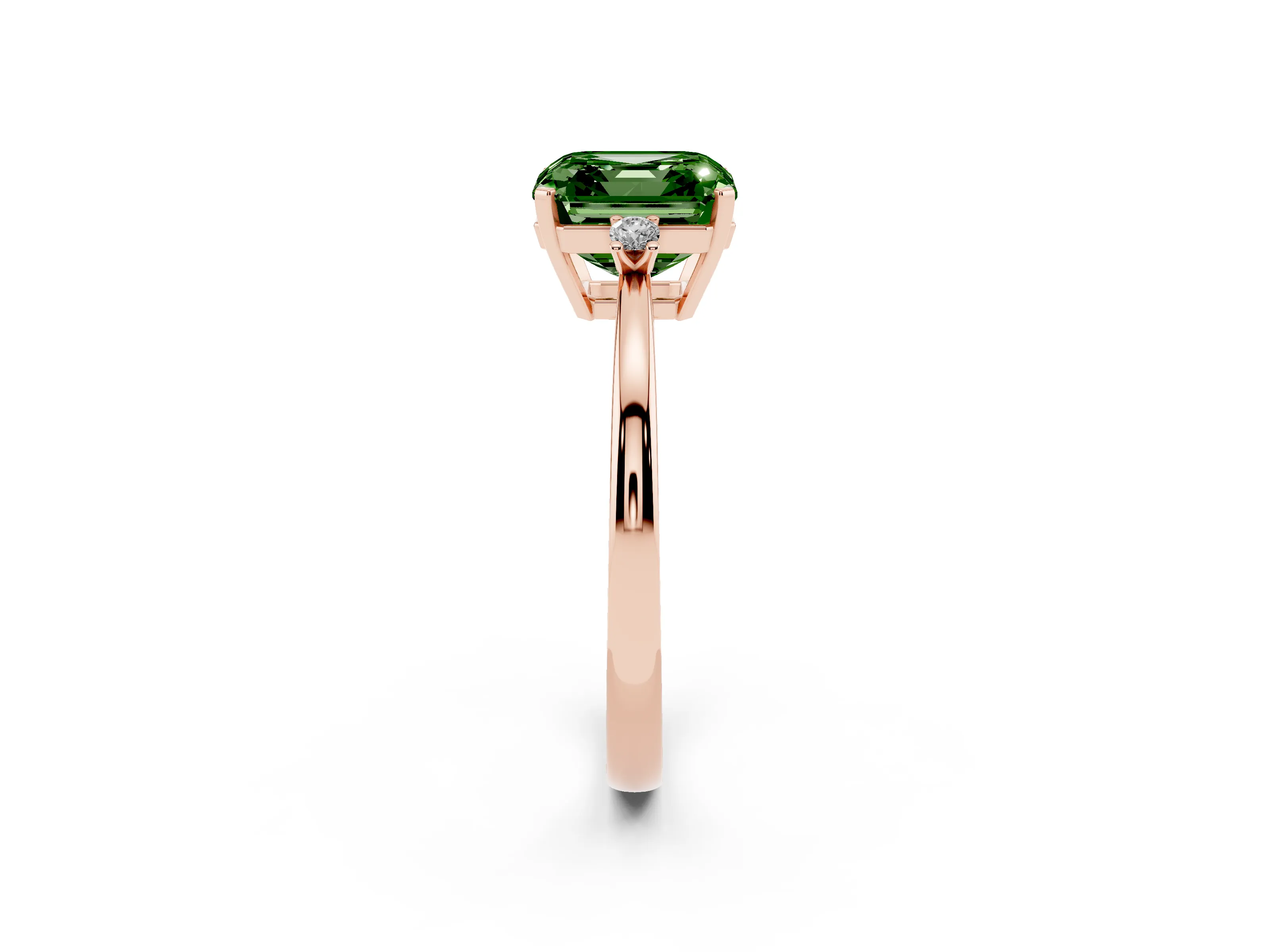 Fancy Green Three-Stone Asscher Cut Diamond Solitaire Ring Set in Rose gold with Round Accent Stones and Prong Setting
