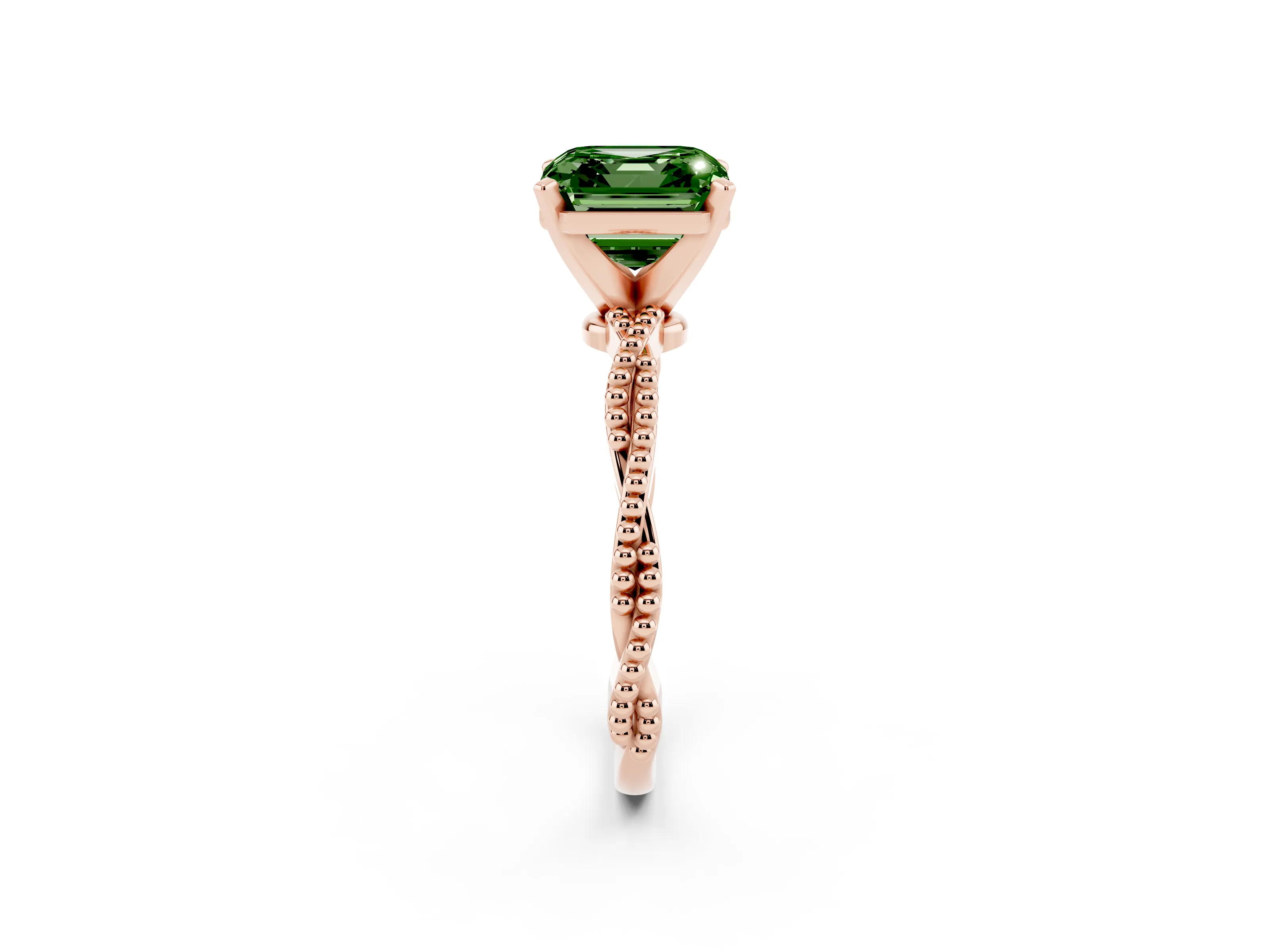 Fancy Green Asscher Cut Diamond Solitaire Ring Set in Rose gold with Twisted Band and Bead Prong Setting
