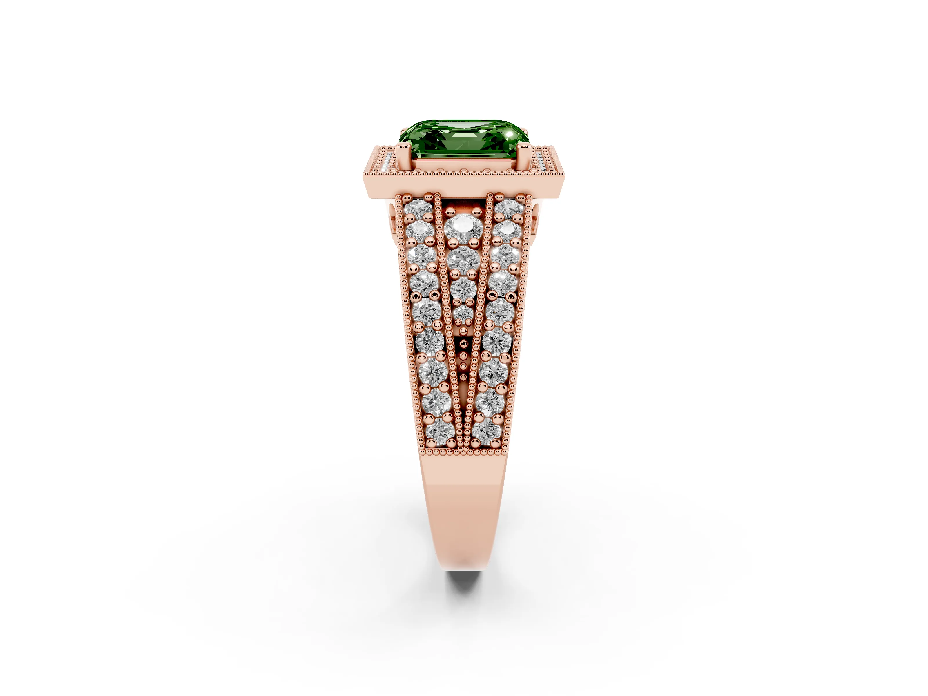 Fancy Green Asscher Cut Diamond Halo Ring Set in Rose gold with Accent Split Shank and Prong Setting