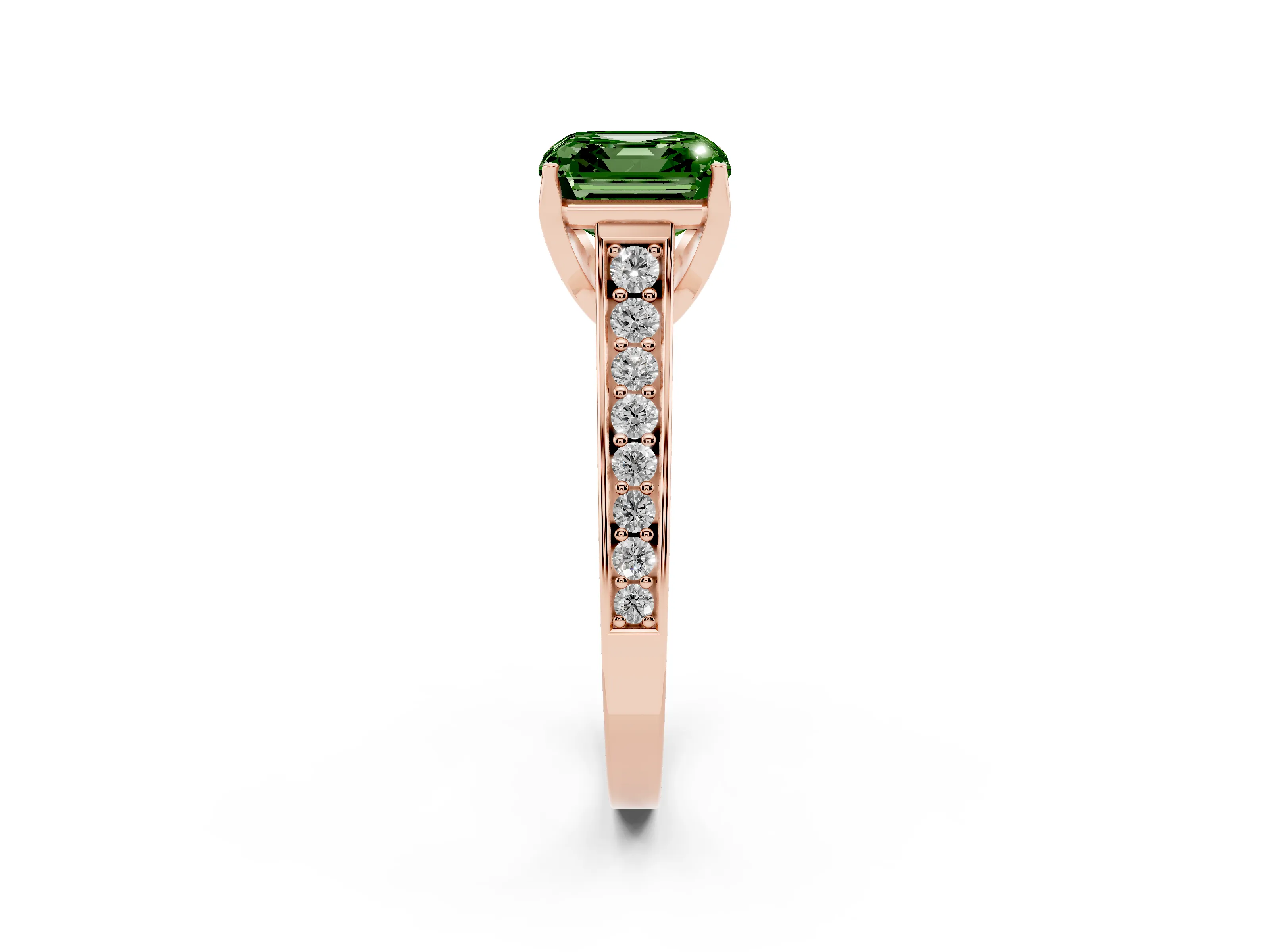 Fancy Green Asscher Cut Diamond Solitaire Pavé Engagement Ring Set in Rose gold with Prong Setting