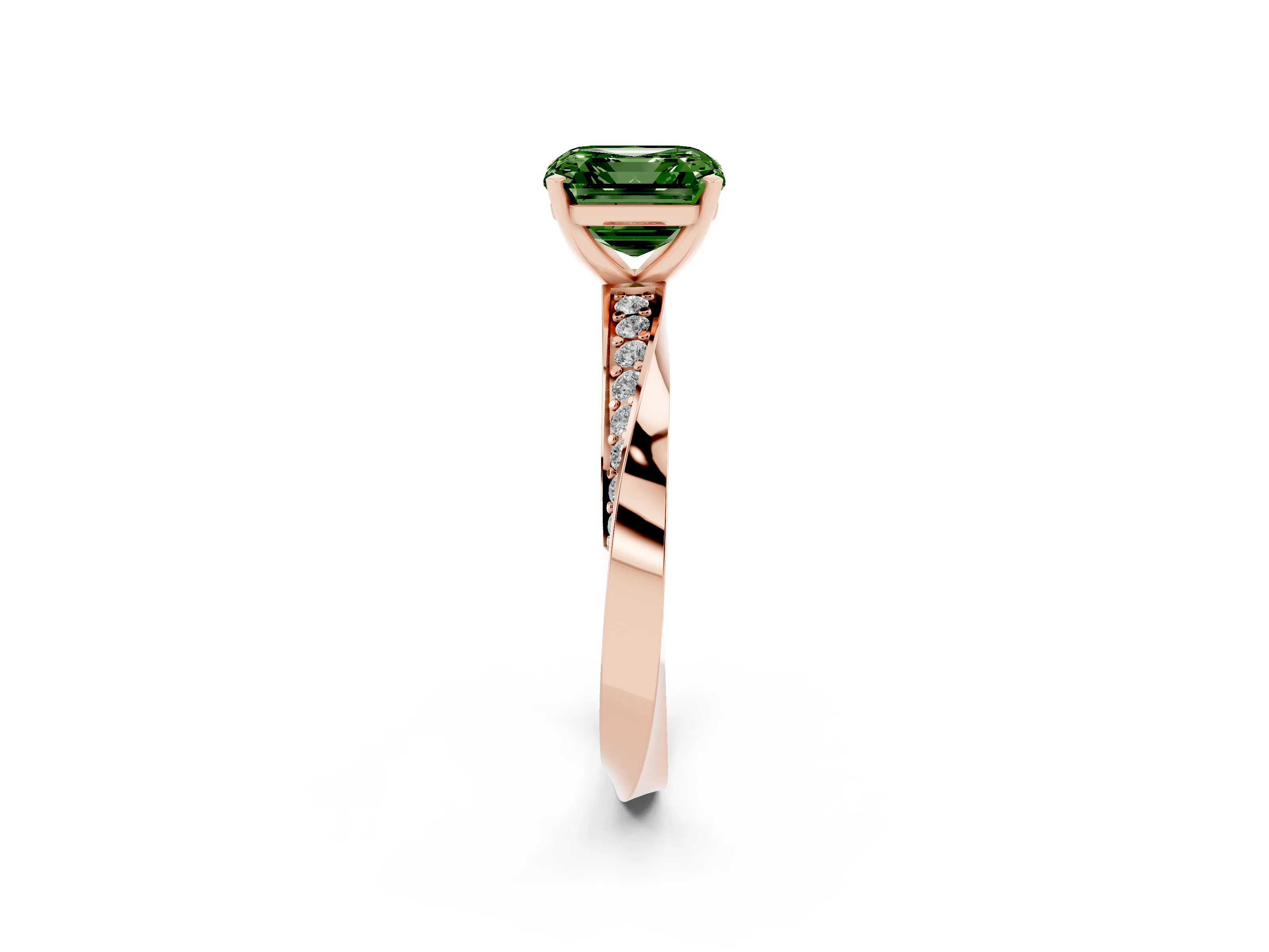 Fancy Green Asscher Cut Diamond Engagement Ring Set in Rose gold with Side Stone Accents and Prong Setting