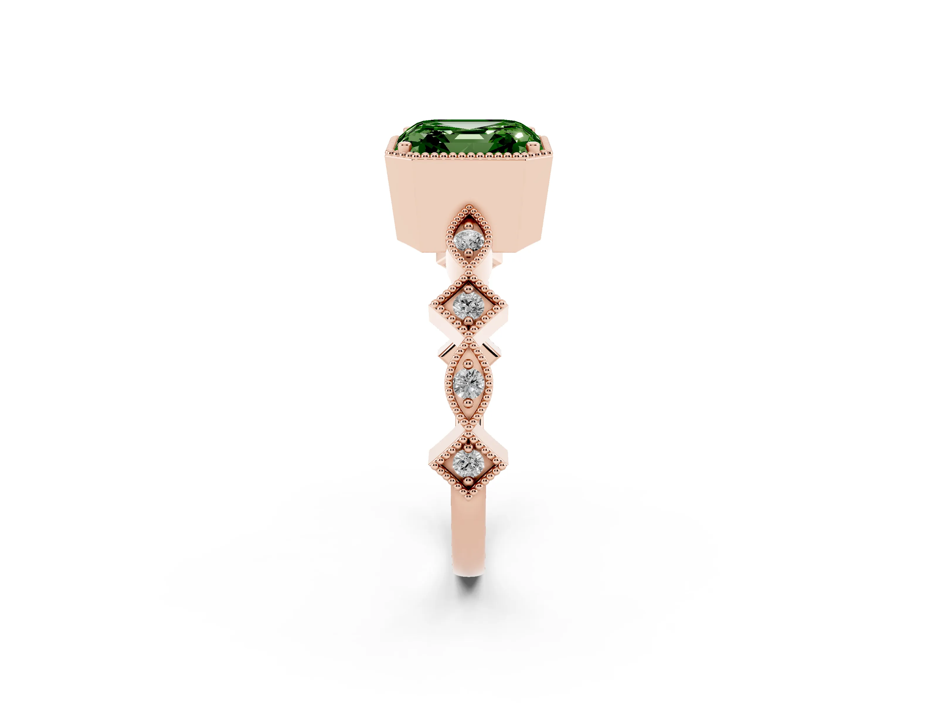Fancy Green Asscher Cut Diamond Milgrain Marquise Twist Band Ring Set in Rose gold with Prong Setting