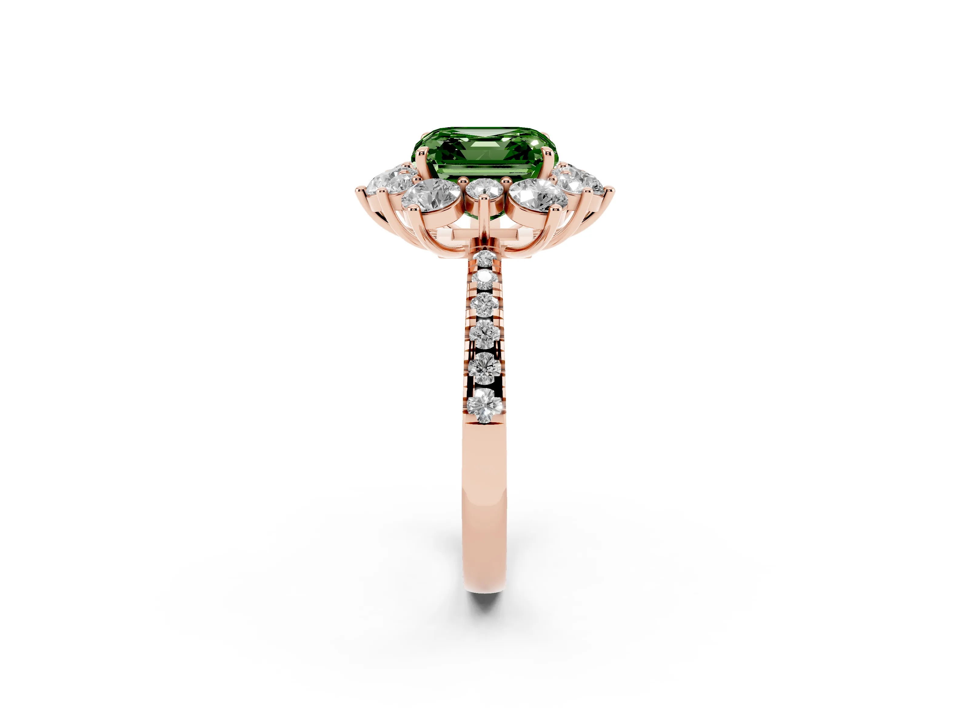 Fancy Green Asscher Cut Diamond Floral Halo Ring Set in Rose gold with Round Pavé Band and Prong Setting