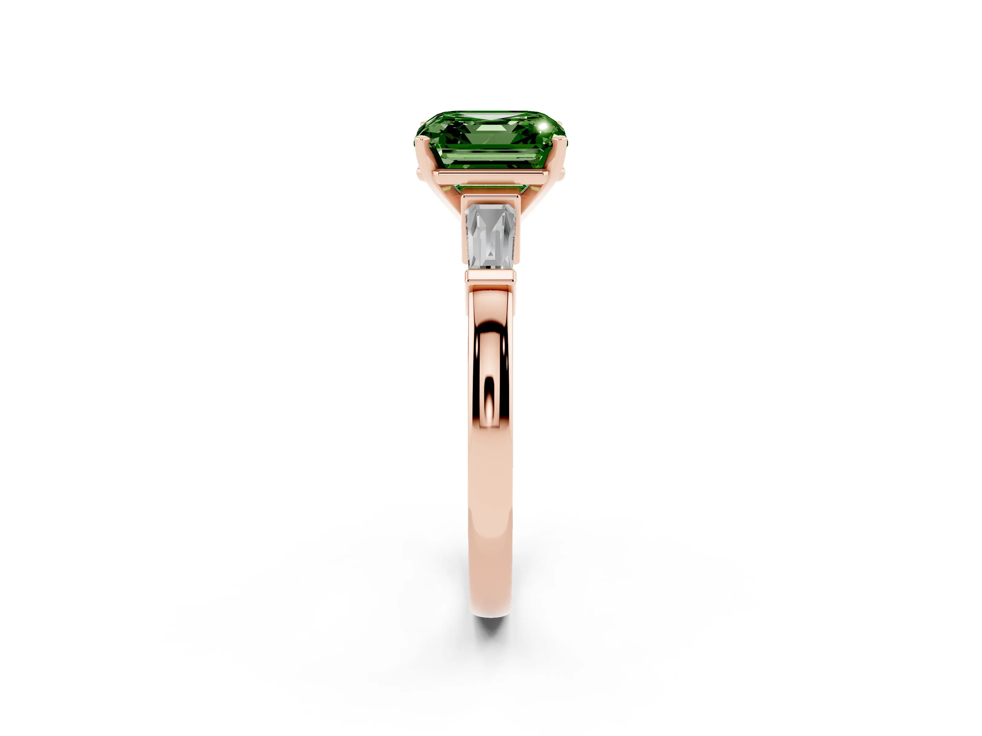 Fancy Green Asscher Cut Diamond Solitaire Ring Set in Rose gold with Tapered Baguette Accents and Prong Setting