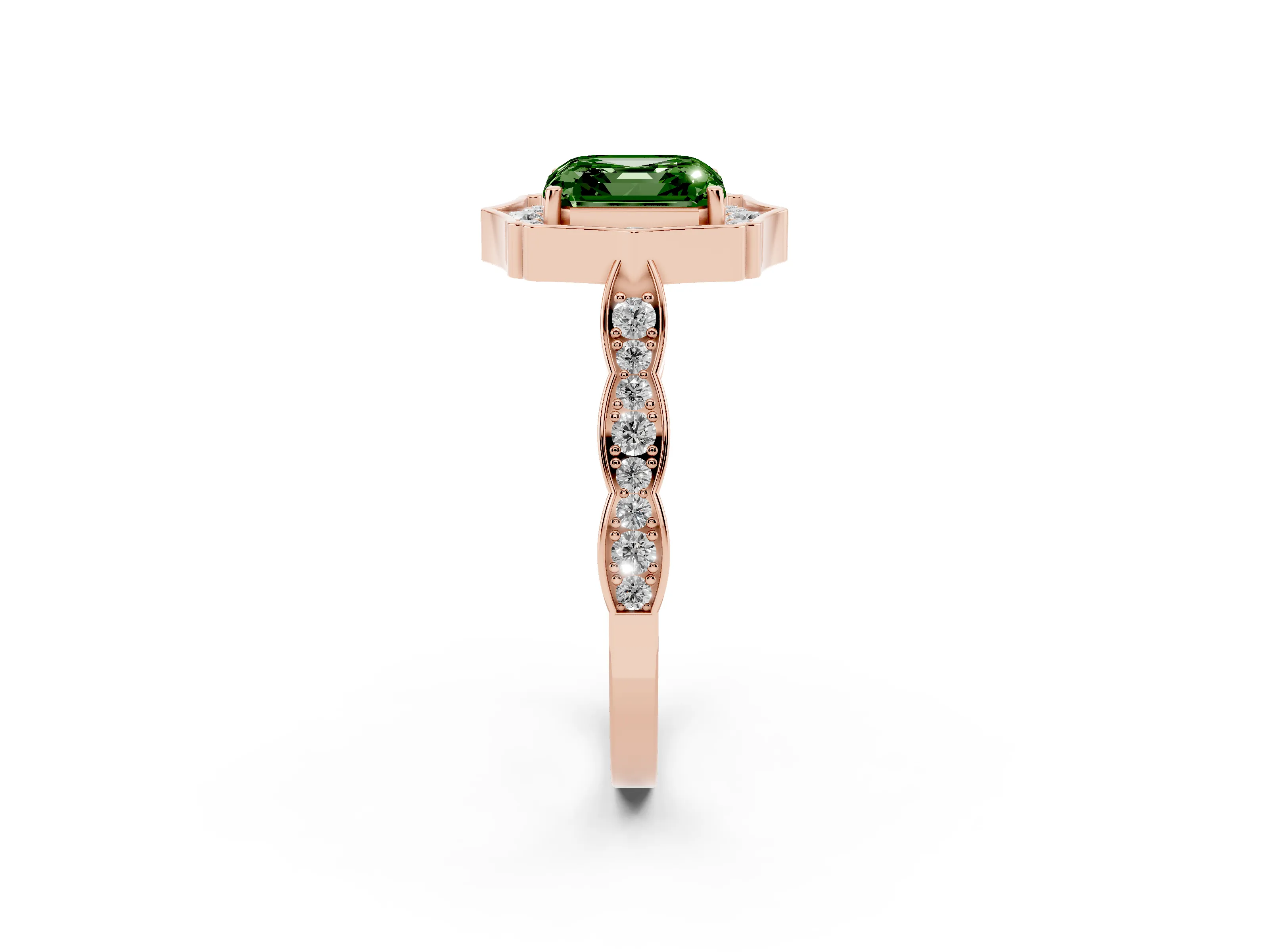 Fancy Green Asscher Cut Diamond Halo Engagement Ring Set in Rose gold with Milgrain Band and Prong Setting