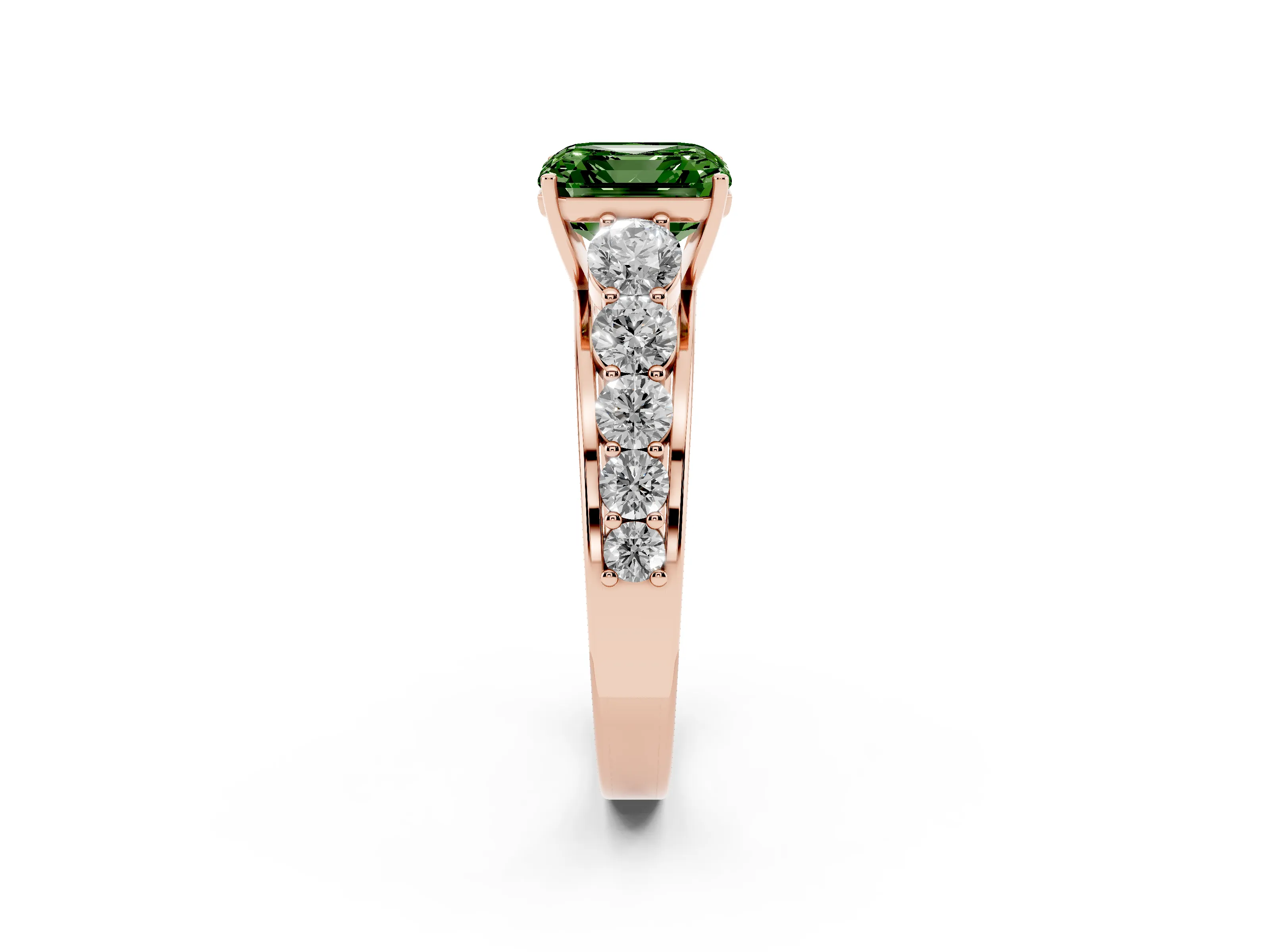 Fancy Green Asscher Cut Diamond Solitaire Ring Set in Rose gold with Pavé-Set Band and Prong Setting