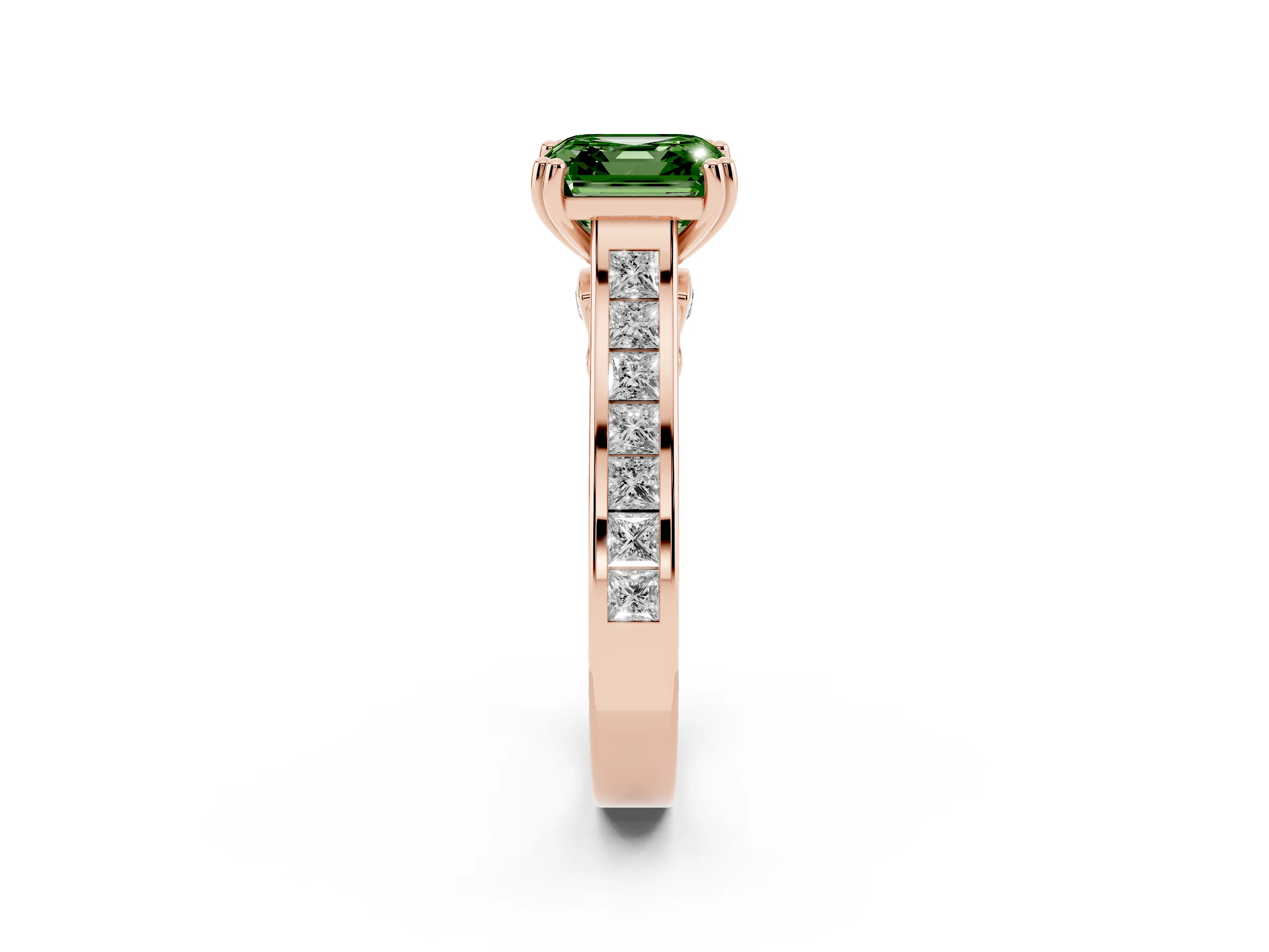 Fancy Green Asscher Cut Diamond Channel Set Solitaire Engagement Ring Set in Rose gold with Prong Setting