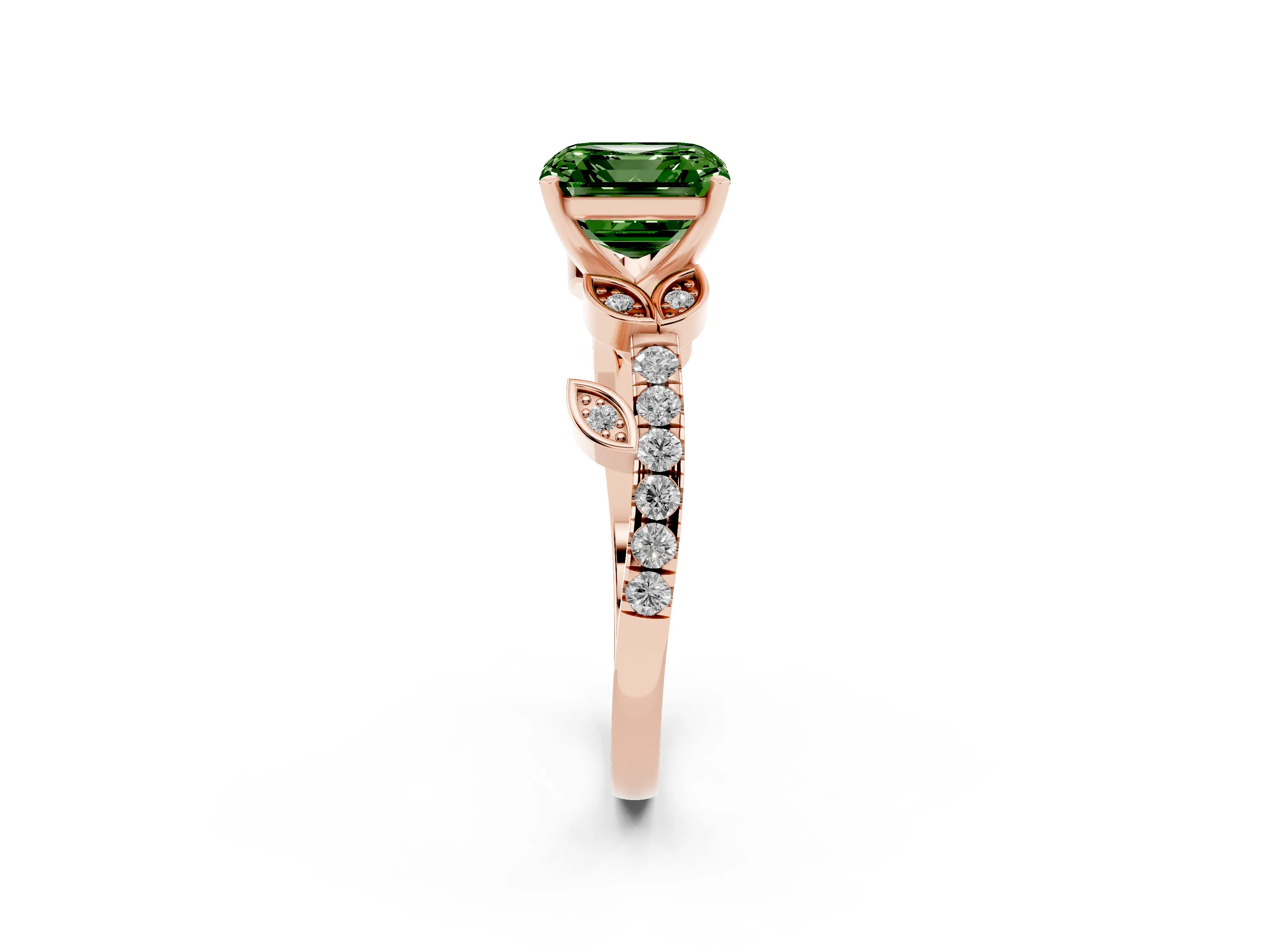 Fancy Green Asscher Cut Diamond Solitaire Leaf-Inspired Ring Set in Rose gold with Pavé Band and Prong Setting