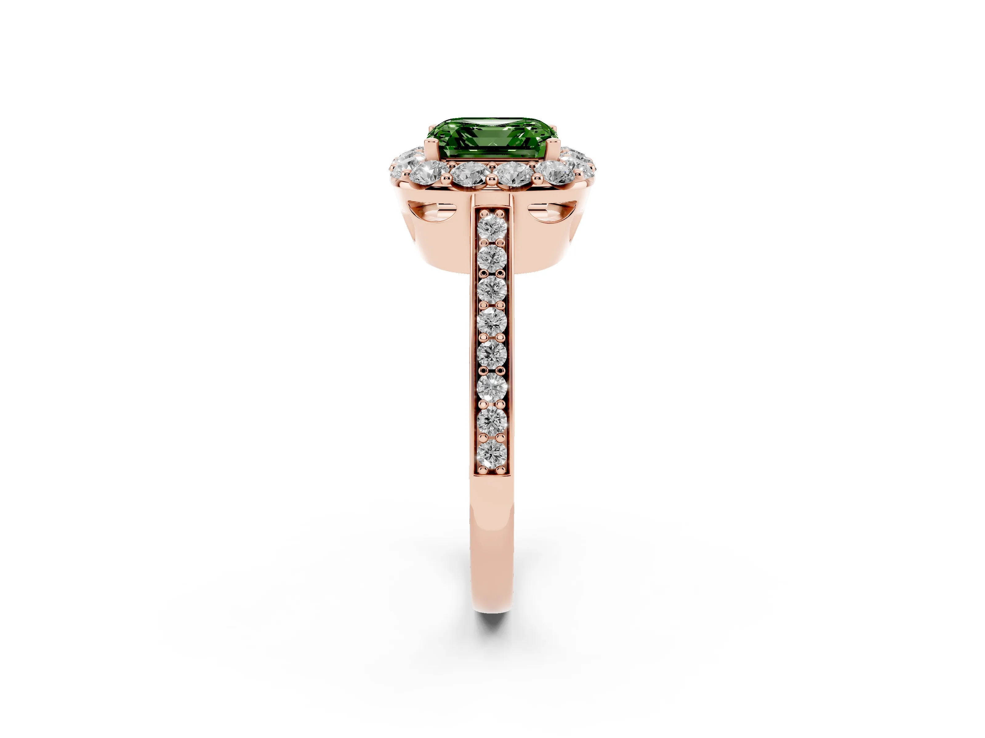 Fancy Green Asscher Cut Diamond Floral Halo Ring Set in Rose gold with Pavé Band and Prong Setting