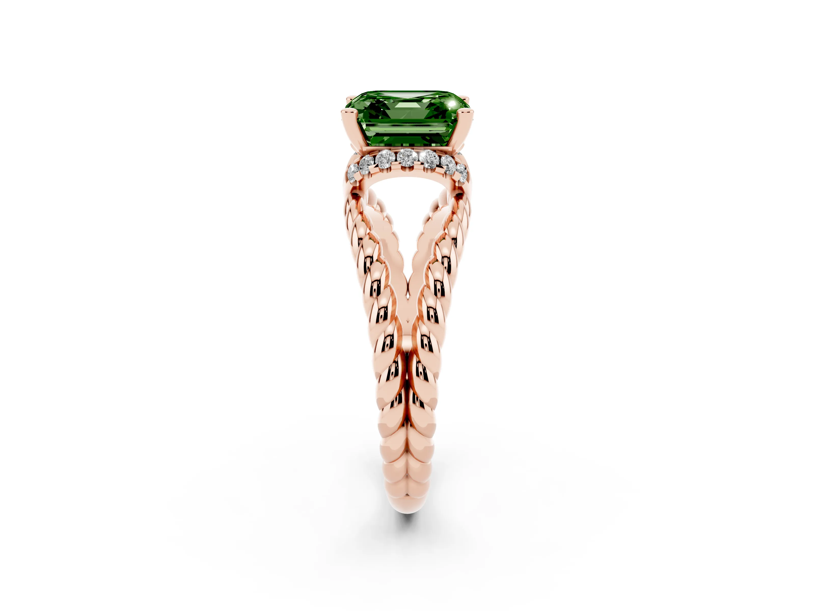 Fancy Green Asscher Cut Diamond Halo Ring Set in Rose gold with Twisted Band and Prong Setting