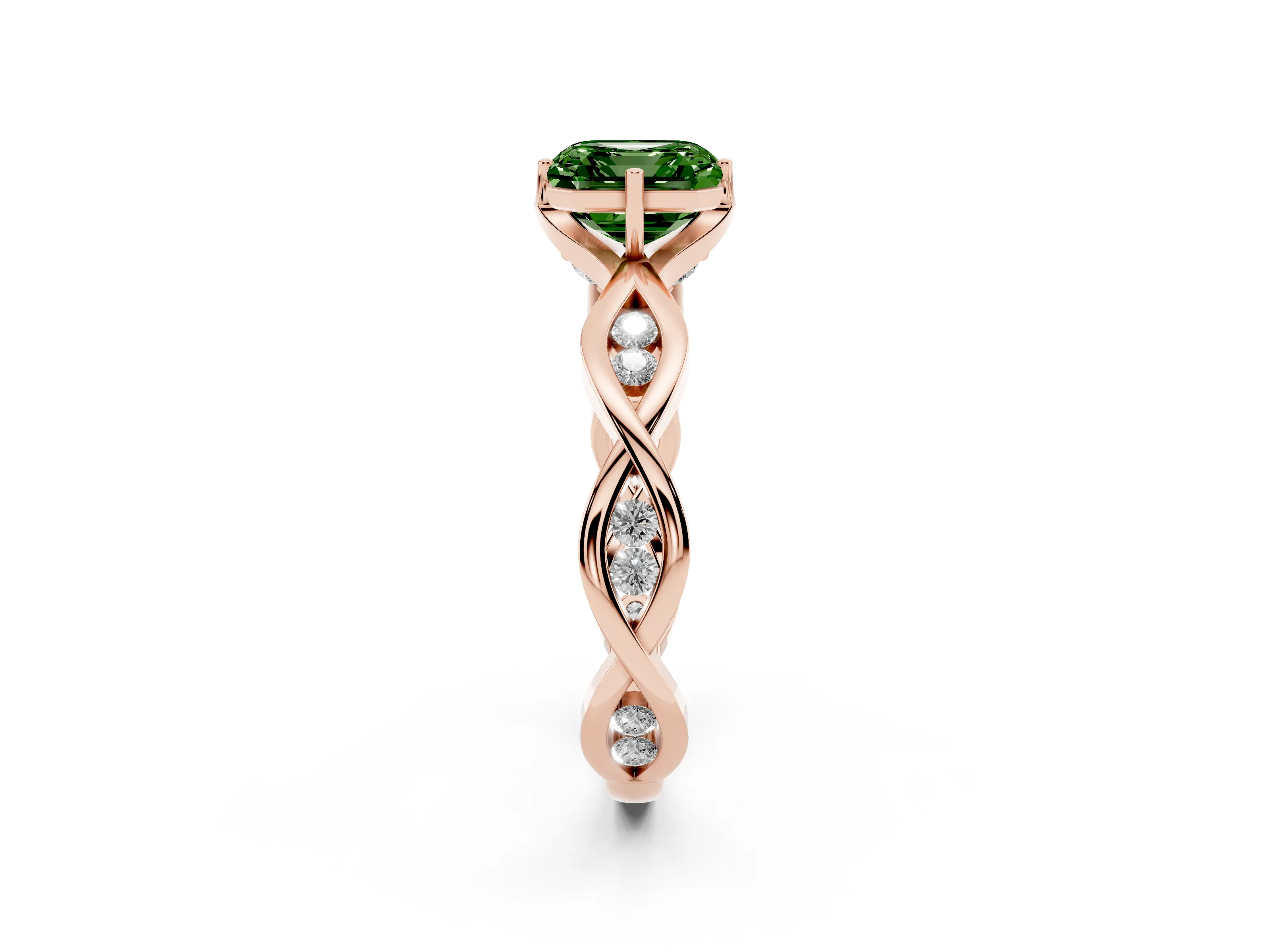 Fancy Green Asscher Cut Diamond Twist Band Solitaire Ring Set in Rose gold with Leaf Prong Setting and Accent Stones