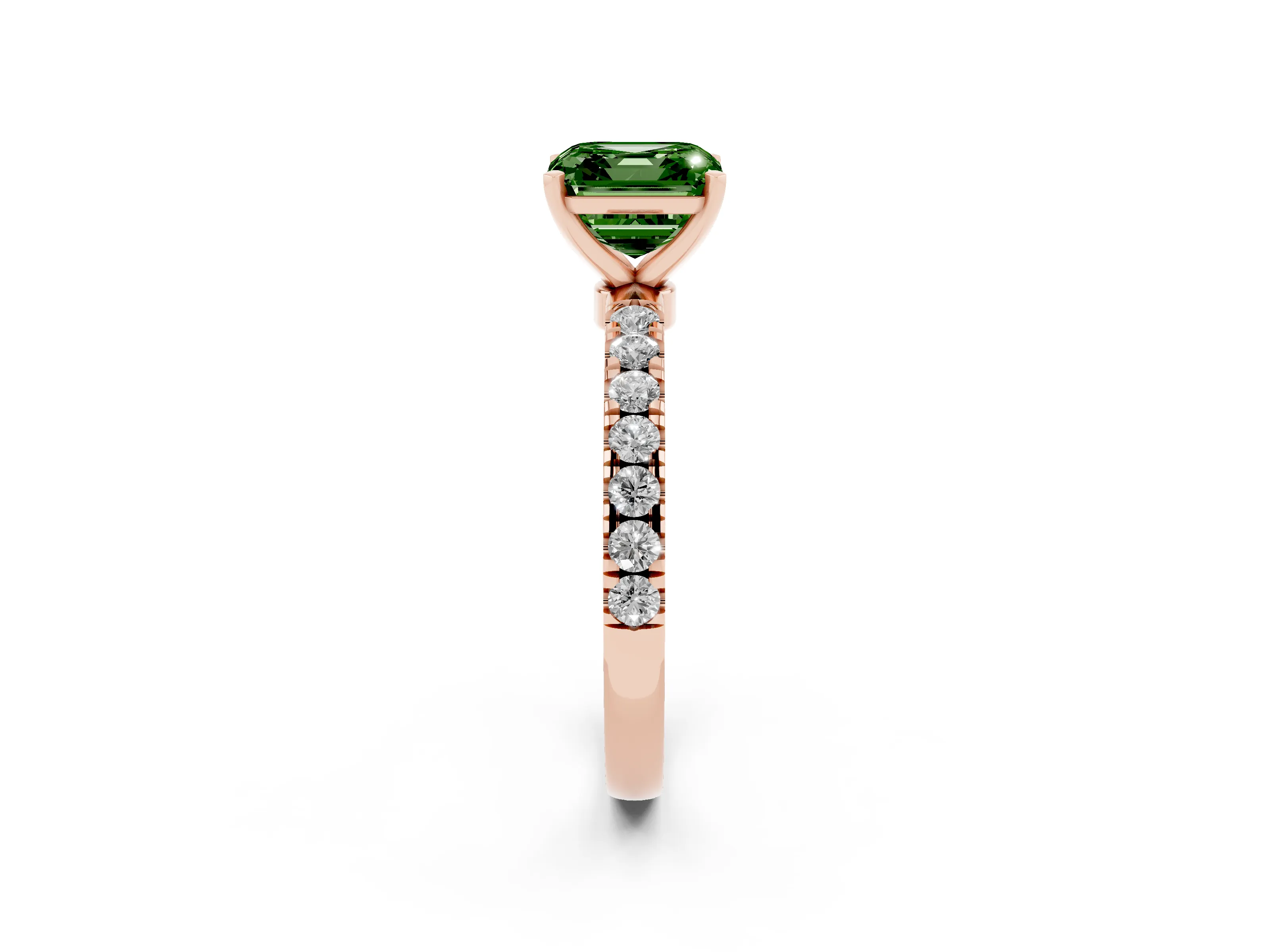 Fancy Green Asscher Cut Diamond Solitaire Ring Set in Rose gold with Pavé Accents and Prong Setting