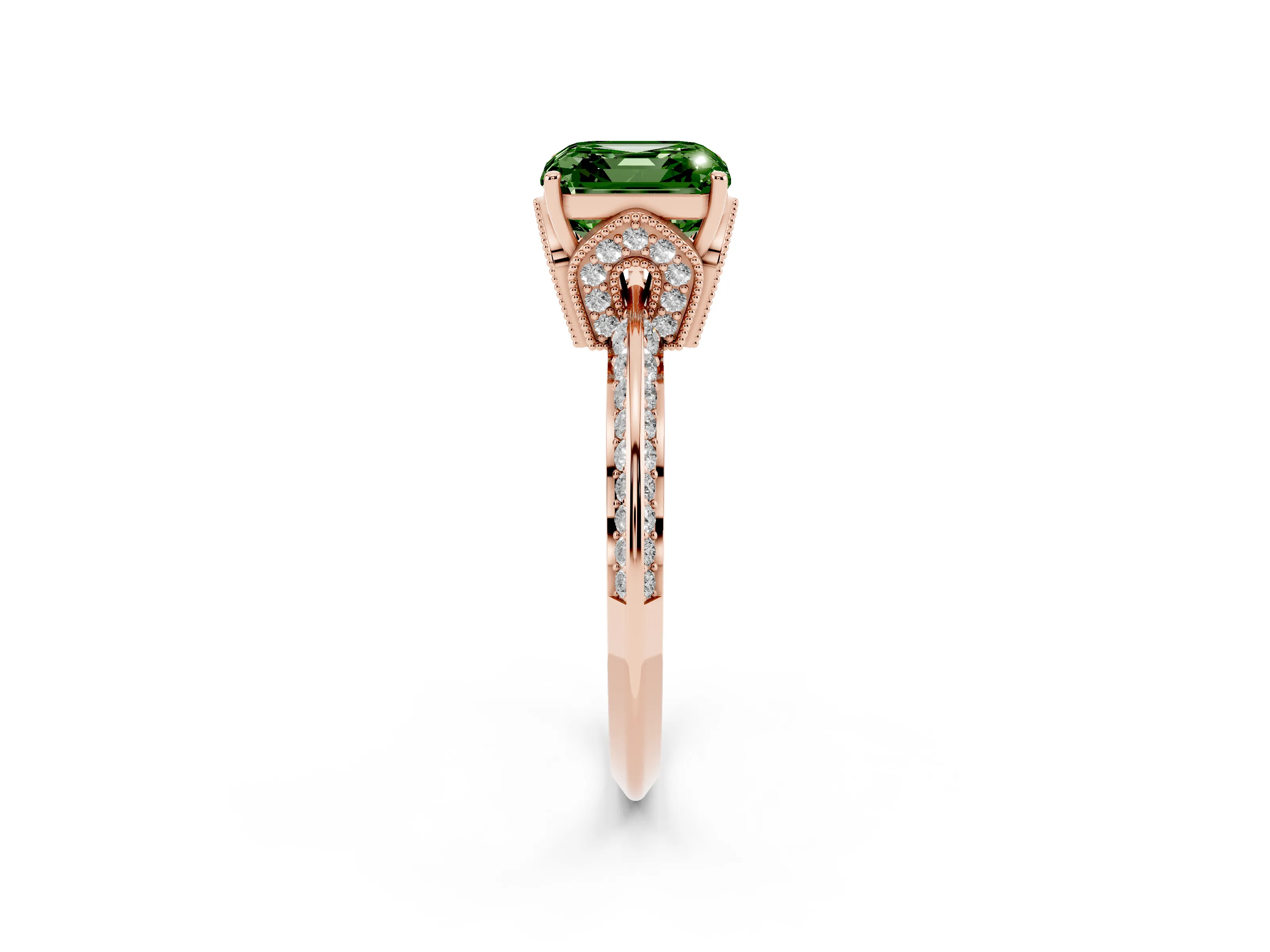 Fancy Green Asscher Cut Diamond Solitaire Engagement Ring Set in Rose gold with Pavé Split Shank and Prong Setting