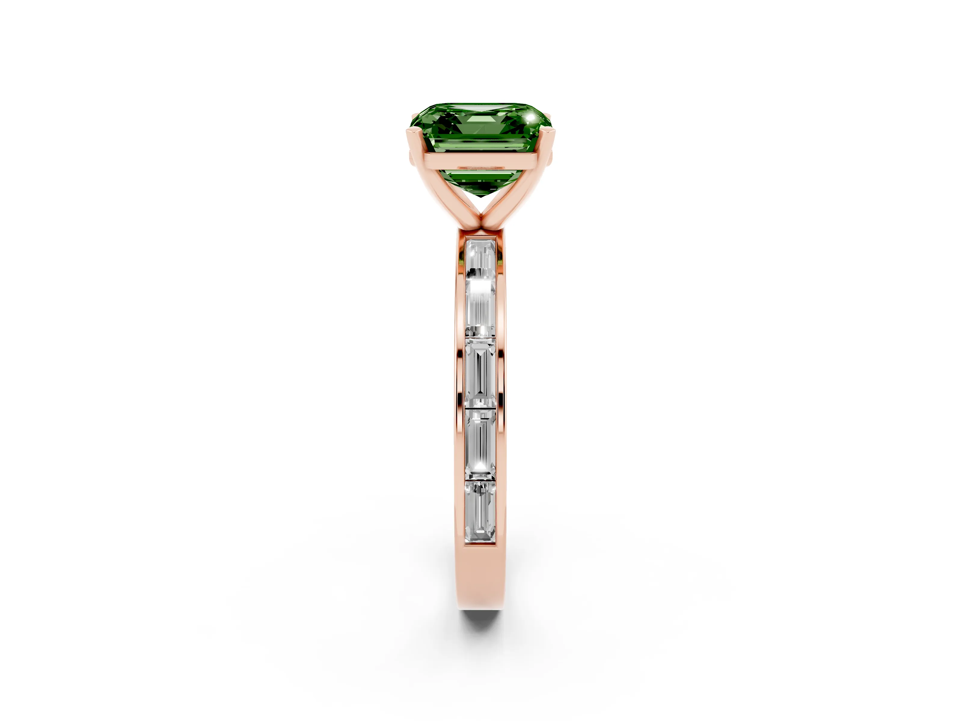 Fancy Green Asscher Cut Diamond Solitaire Ring Set in Rose gold with Channel-Set Baguette Band and Prong Setting