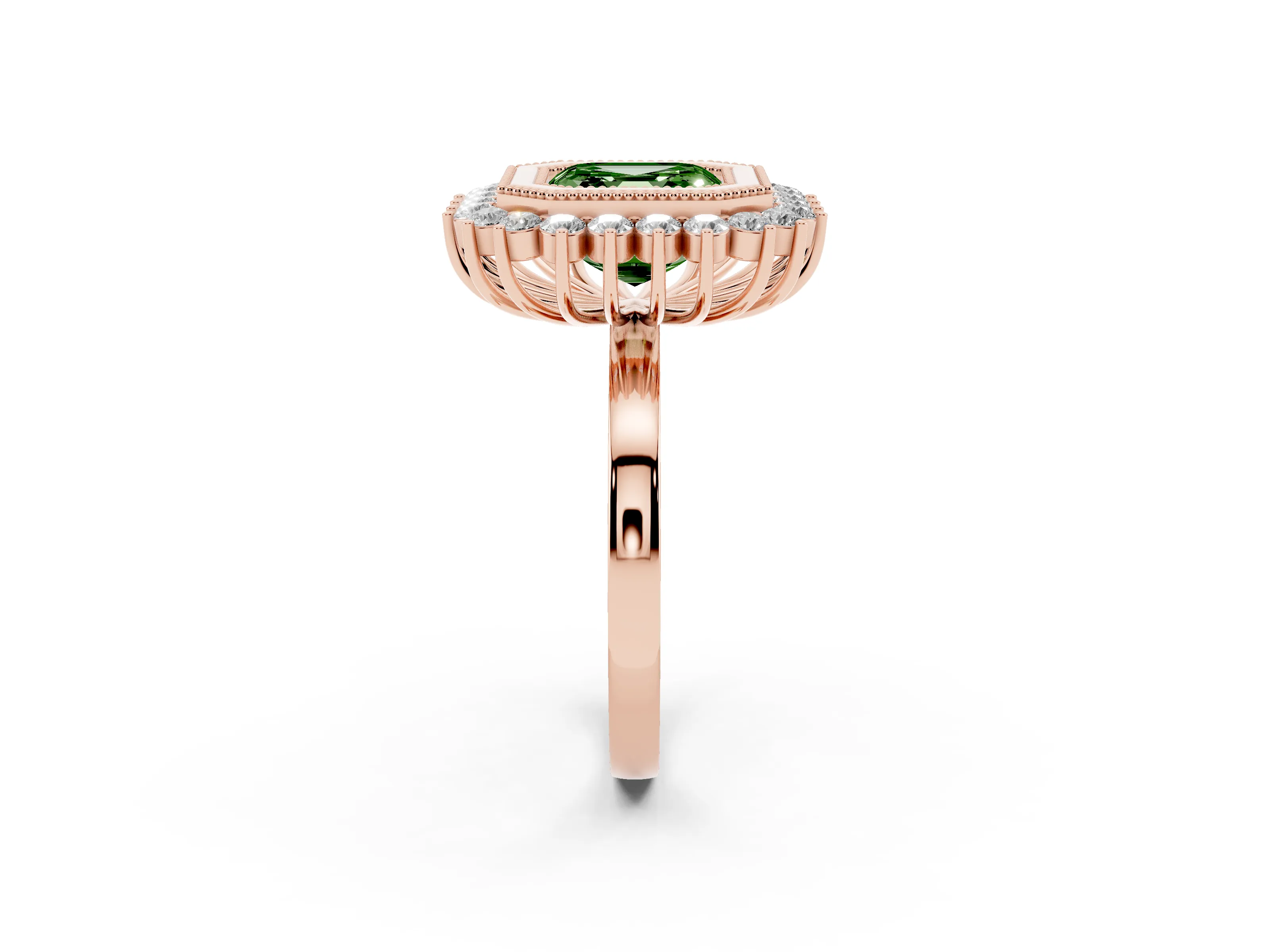 Fancy Green Asscher Cut Diamond Halo Ring Set in Rose gold with Milgrain Edge and Round Prong Setting