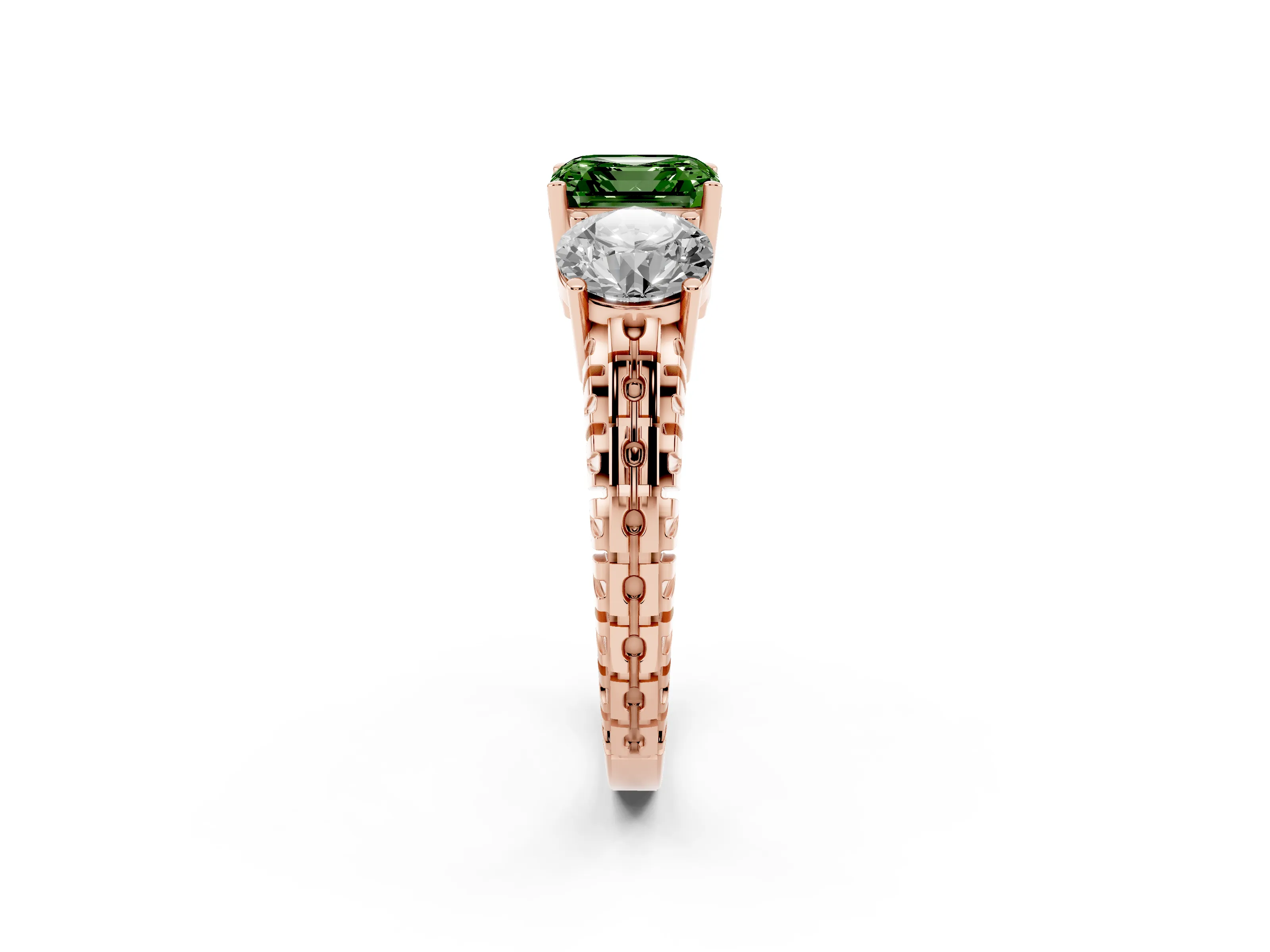 Fancy Green Asscher Cut Diamond Three-Stone Ring Set in Rose gold with Channel-Set Accent Band