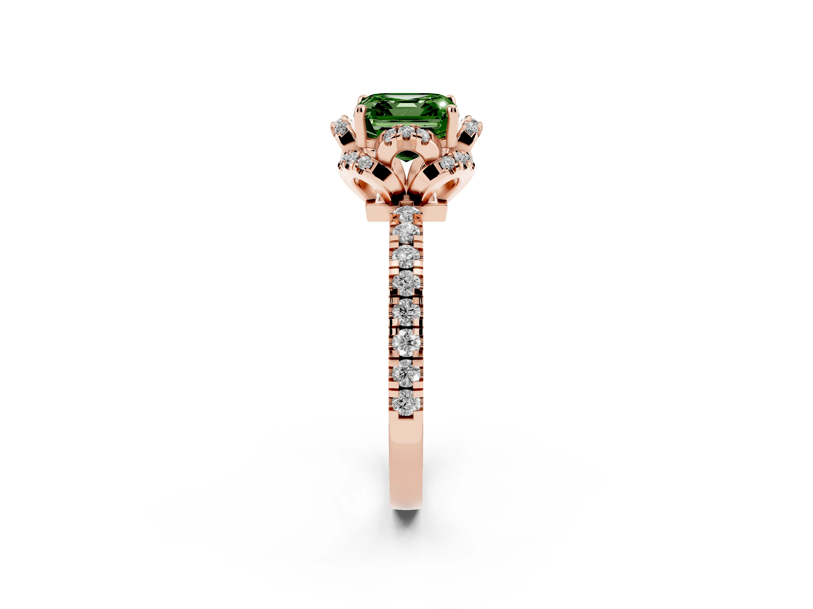 Fancy Green Asscher Cut Diamond Halo Pavé Band Ring Set in Rose gold with Prong-Held Center