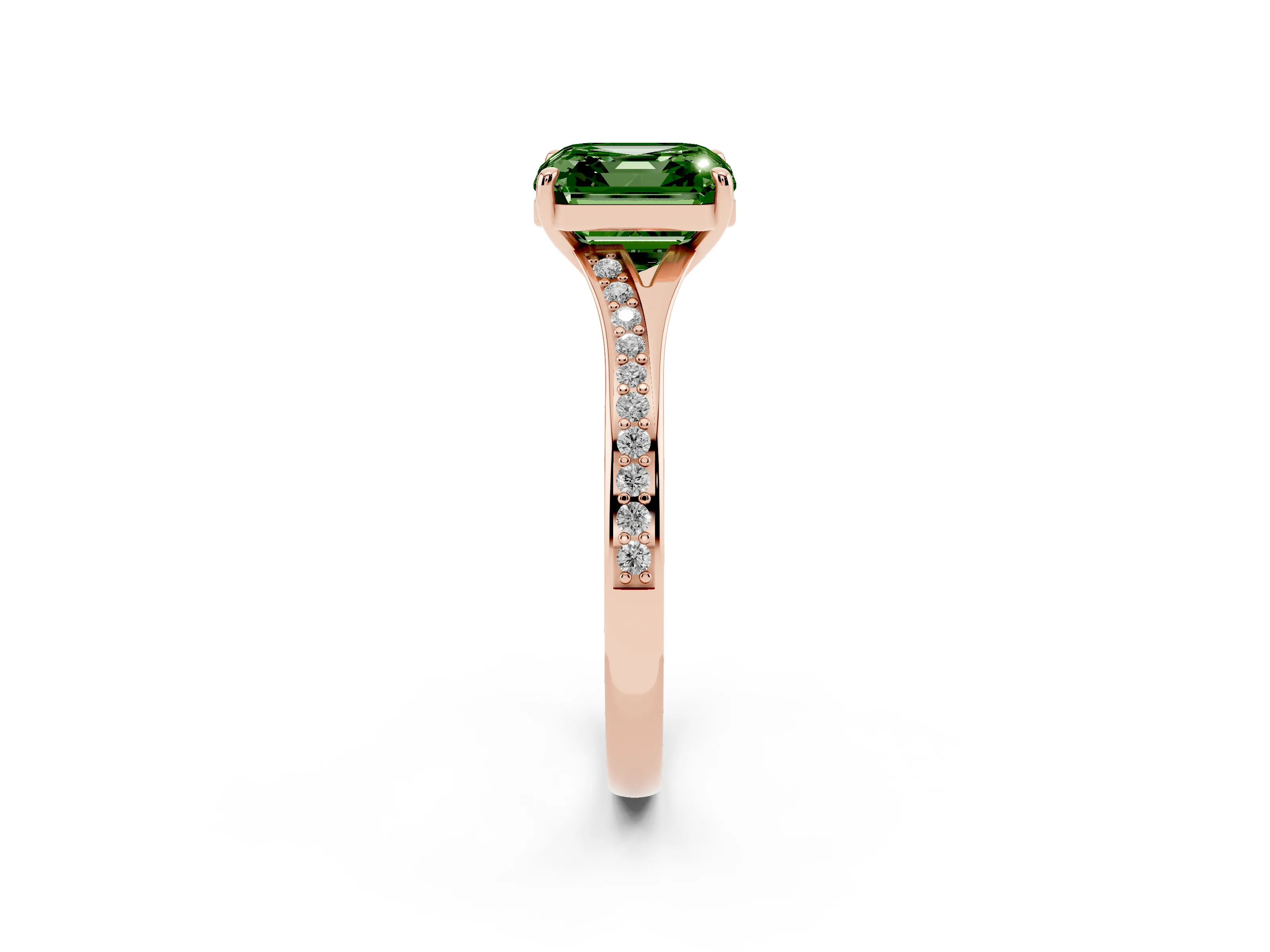 Fancy Green Asscher Cut Diamond Solitaire Ring Set in Rose gold with Pavé Accent Band and Classic Prong Setting