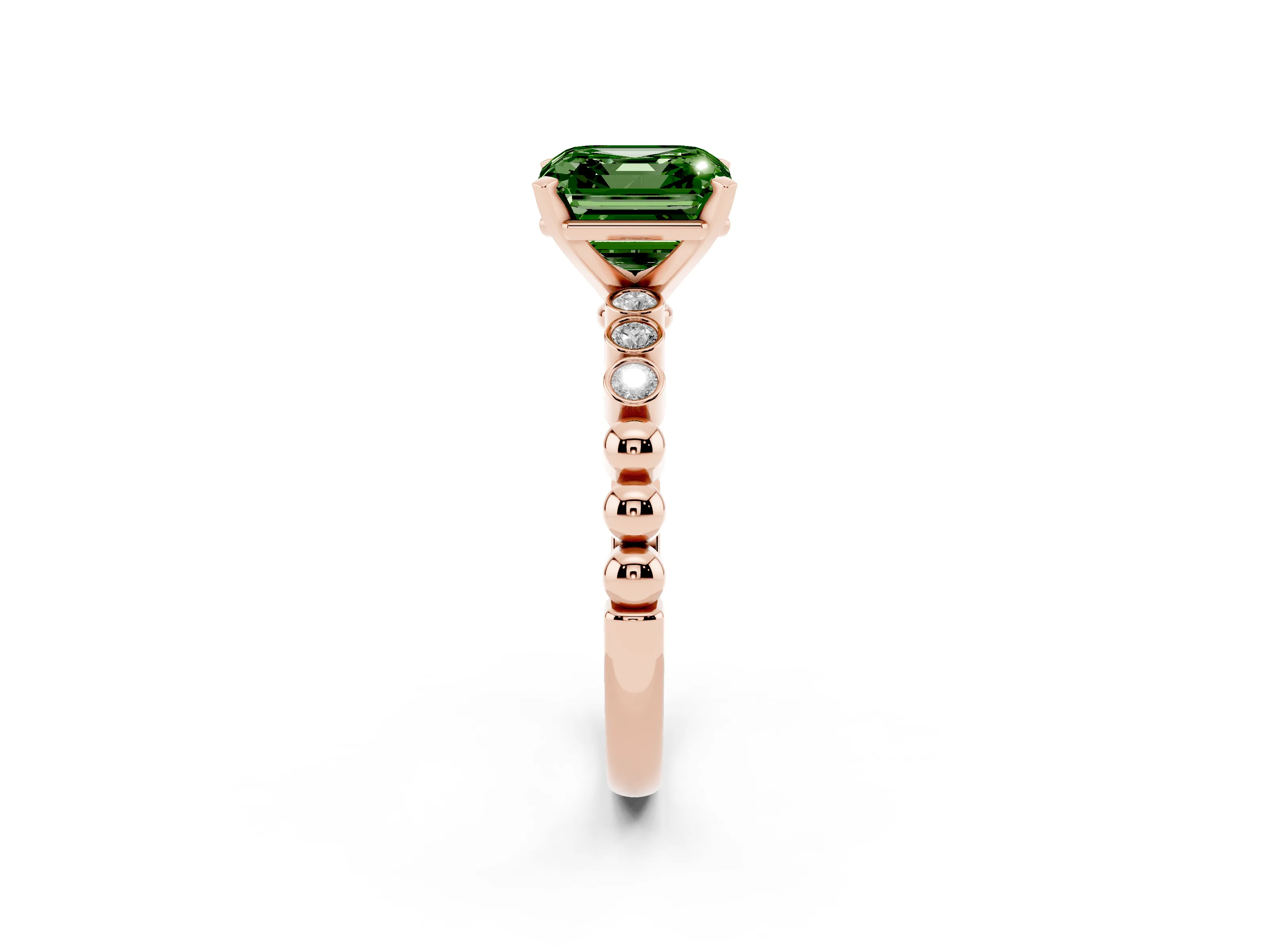 Fancy Green Asscher Cut Diamond Solitaire Engagement Ring Set in Rose gold with Bezel Accents on Beaded Band
