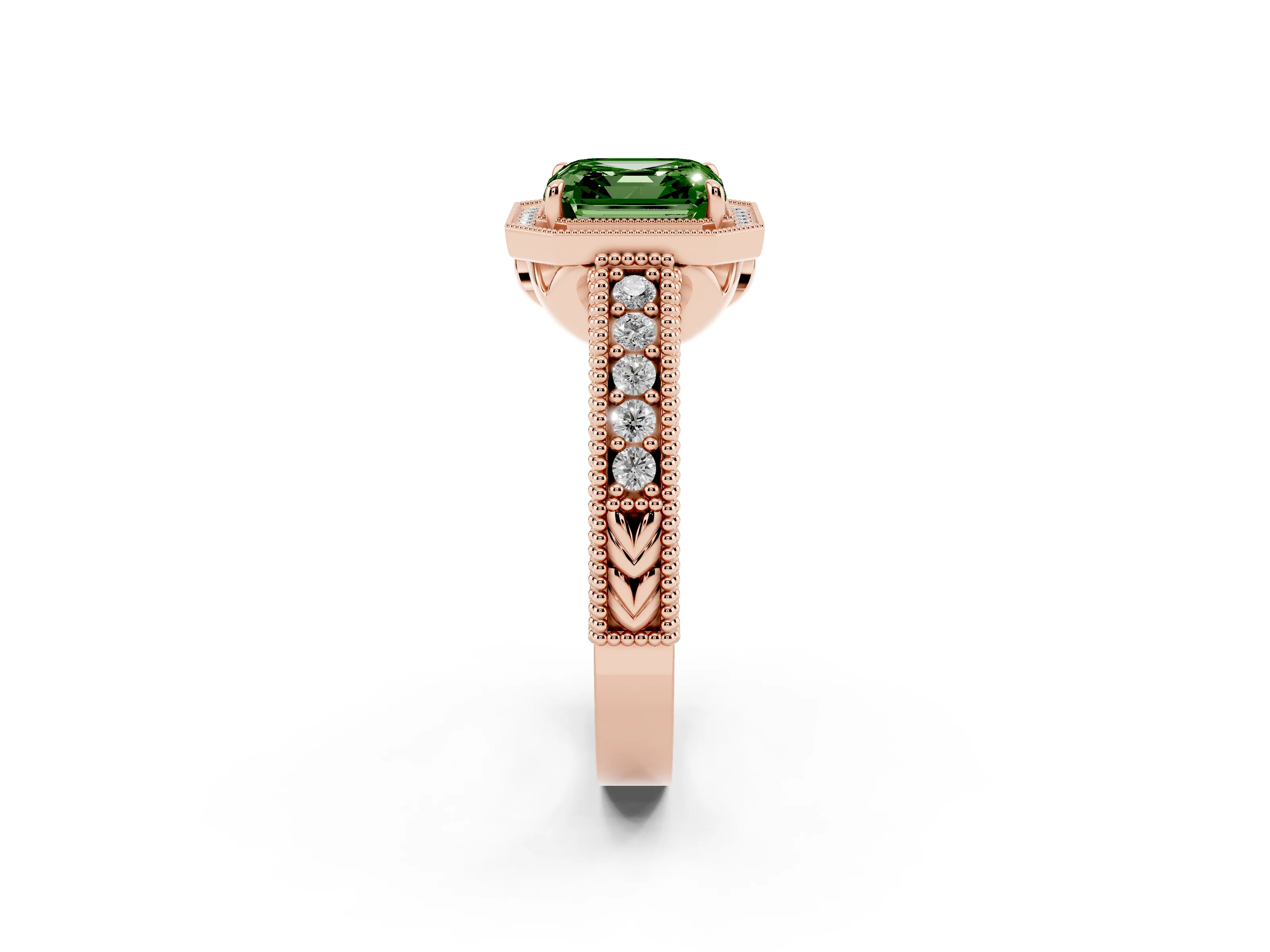 Fancy Green Asscher Cut Diamond Halo Ring Set in Rose gold with Round Accent Halo, Pavé Band and Prong Setting